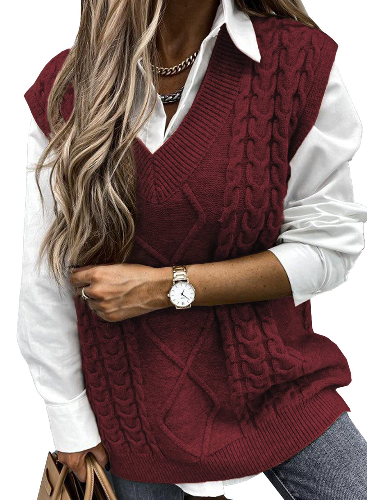 EVALESSOversized Sweater Vest for Women V Neck Sleeveless Solid Color Loose Pullover Sweater