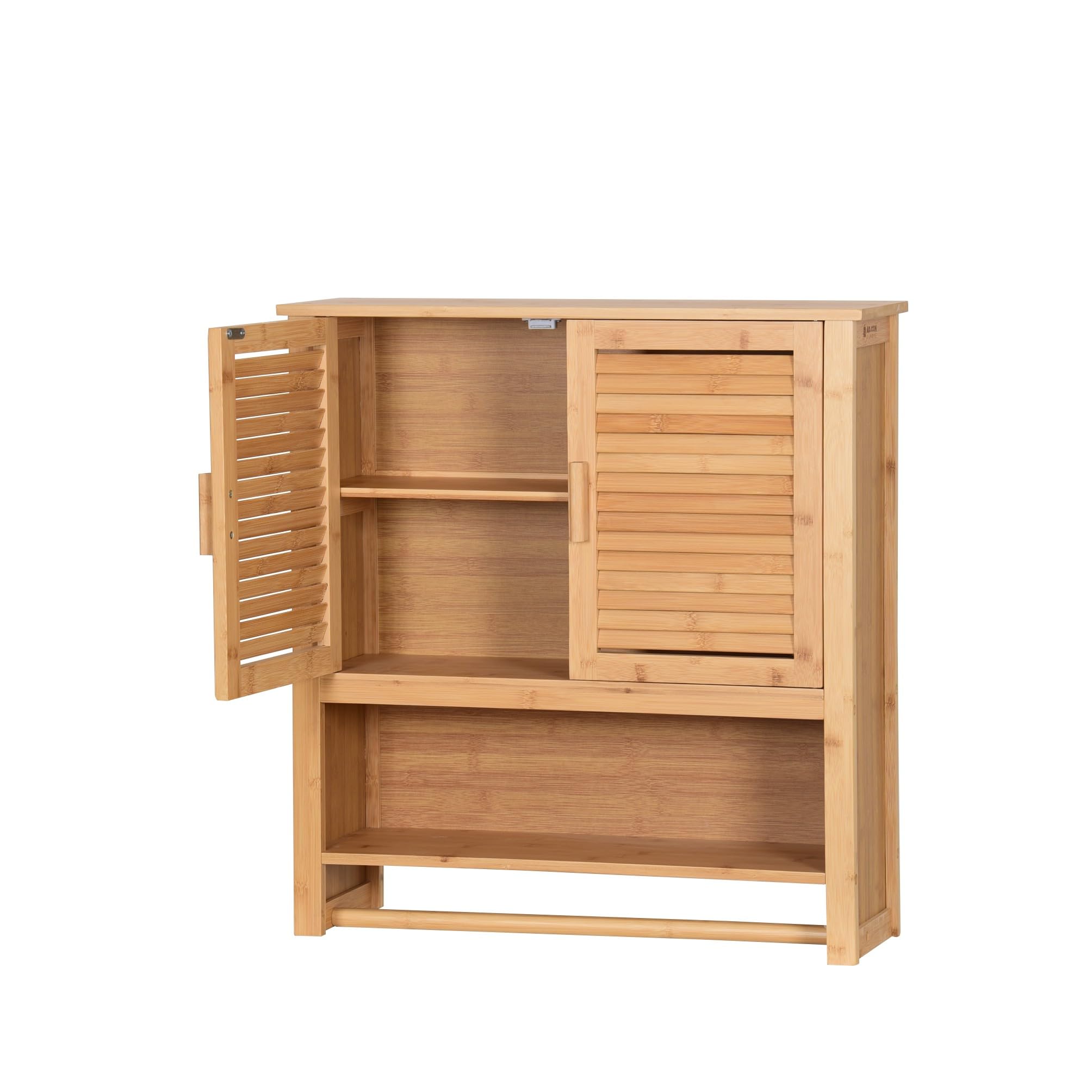 Armadietto sospeso in bambù per bagno, con 2 ante, porta asciugamani e ripiani, salvaspazio, 66 x 62 x 20 cm, colore naturale