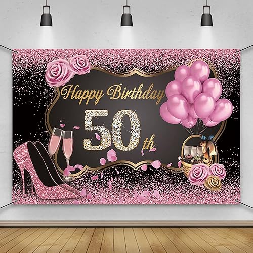 AWERT Cartel de poliéster de 6 x 3.6 pies con texto en inglés «Happy 50th Birthday» para mujer, cartel de oro rosa para mujer, decoración de fiesta