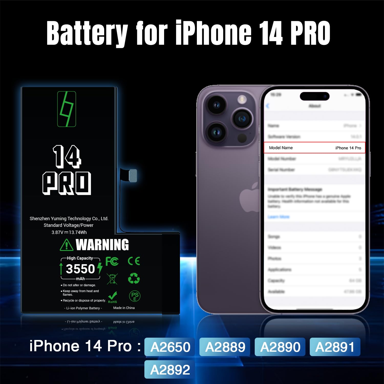 Akku für iPhone 14 Pro, 3550mAh Hohe Kapazität, 0 Zyklen, Komplettes Reparaturset, Kompatibel mit A2650/A2889/A2890/A2891/A2892, Zertifiziert CE/RoHS/FCC/PSE