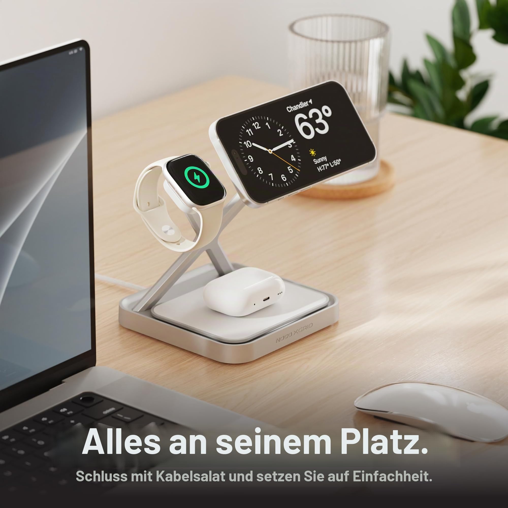 NOCO XGrid XDS3: 3‑in‑1 Wireless Lade‑Dock – Ladestation für iPhone, Apple Watch & AirPods – MagSafe‑kompatibel, Qi2 Zertifiziert – Inklusive 45 W USB‑C Netzteil & 2 m USB‑C Kabel