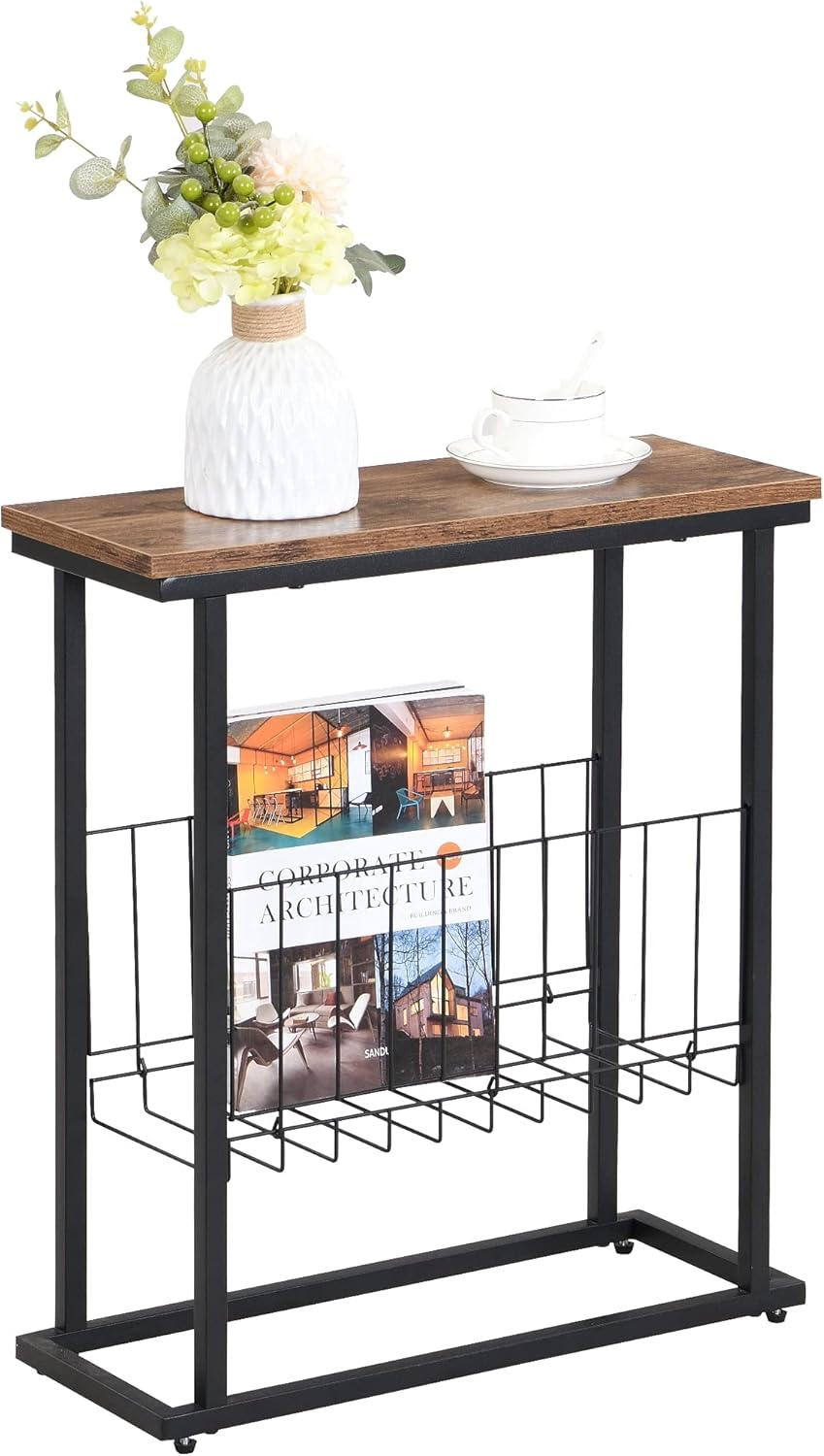 FIVEGIVEN Skinny Side Table for Small Spaces Rustic Brown