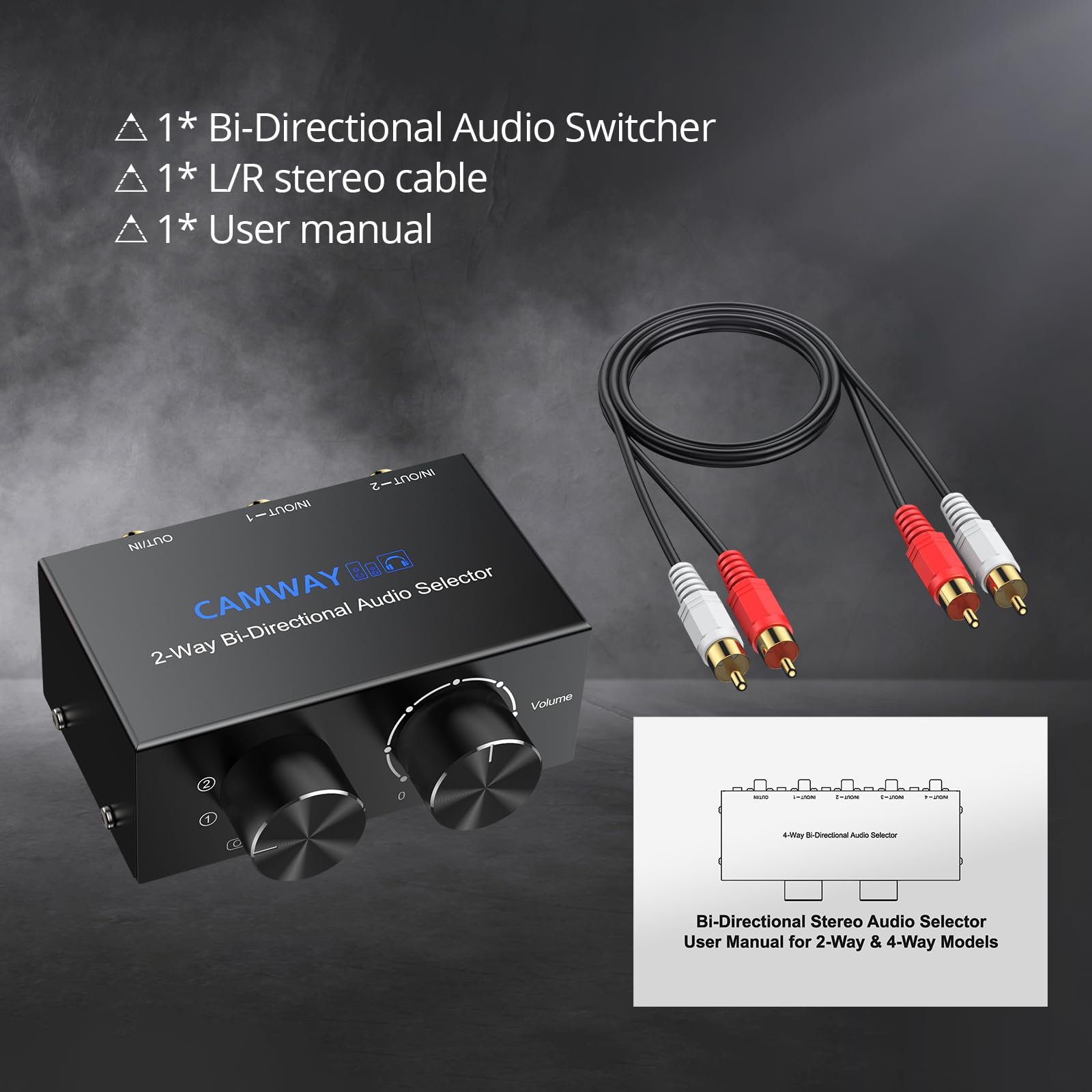 CAMWAY RCA L/R i pomocniczy przełącznik audio 3,5 mm, wyjście 2 w 1, 1 w 2 wyjściach, dwukierunkowy przełącznik audio stereo z regulacją głośności i pokrętłem wyłączania