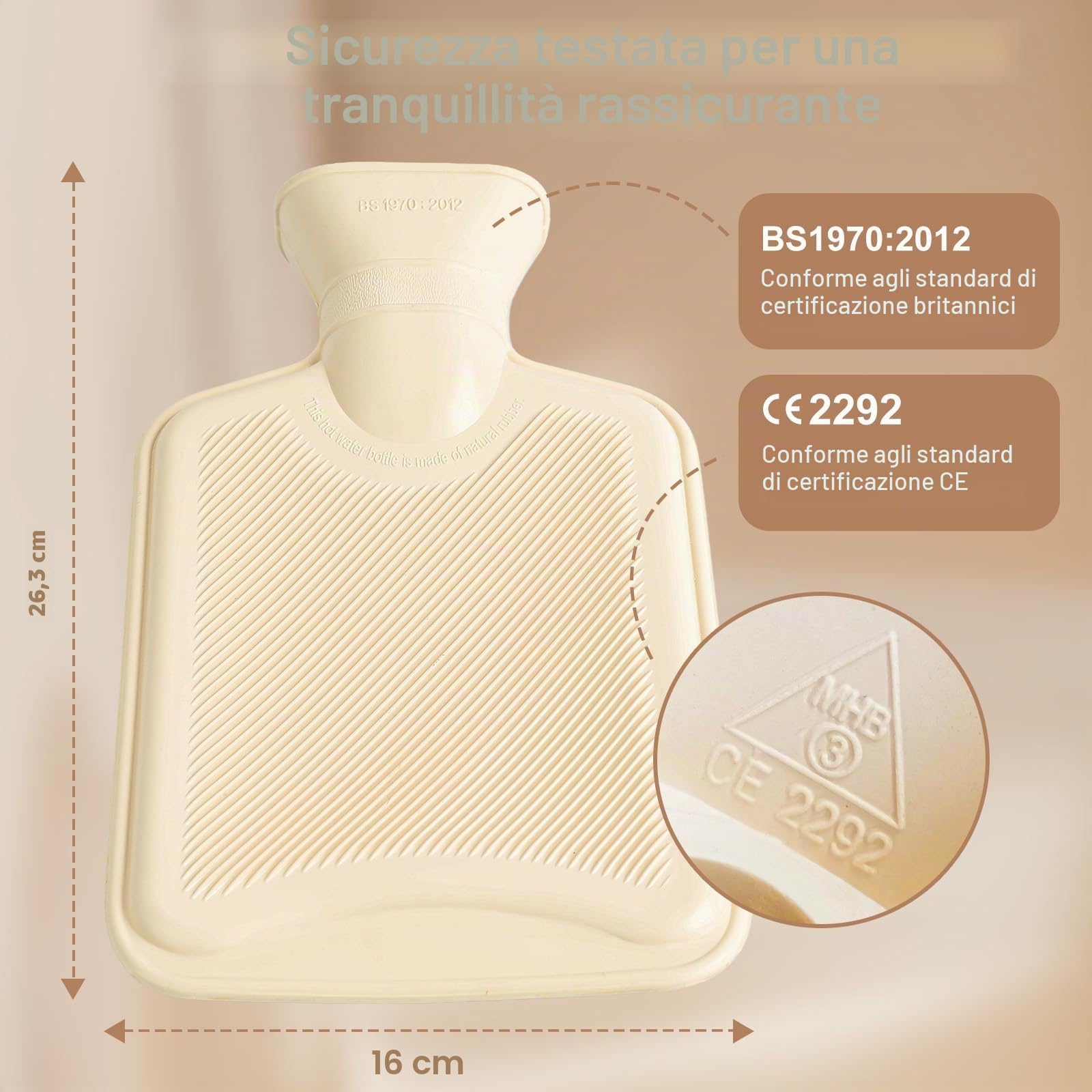 Cintura termica con bottiglia d’acqua calda 1 L, extra-lunga 130 cm, copertina morbida rimovibile, fascia riscaldante per pancia, vita e collo, gomma naturale certificata BS 1970:2012