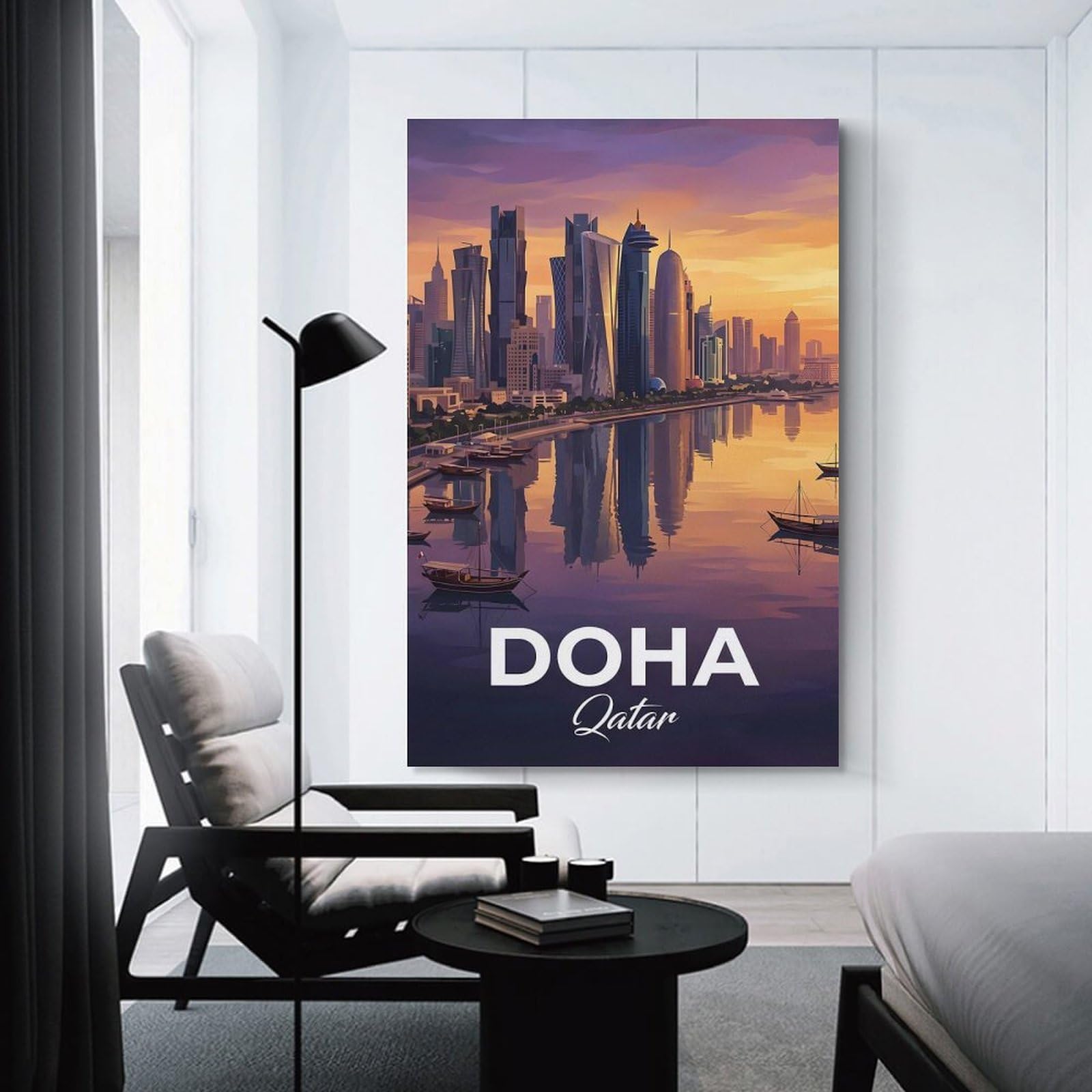 Junmoney Doha, Qatar Skyline at Sunset Canvas Wall Decor 24x36inch(60x90cm), for Home Lounge, Bedroom Or Reading Nook, A Home Accent with Warm Character