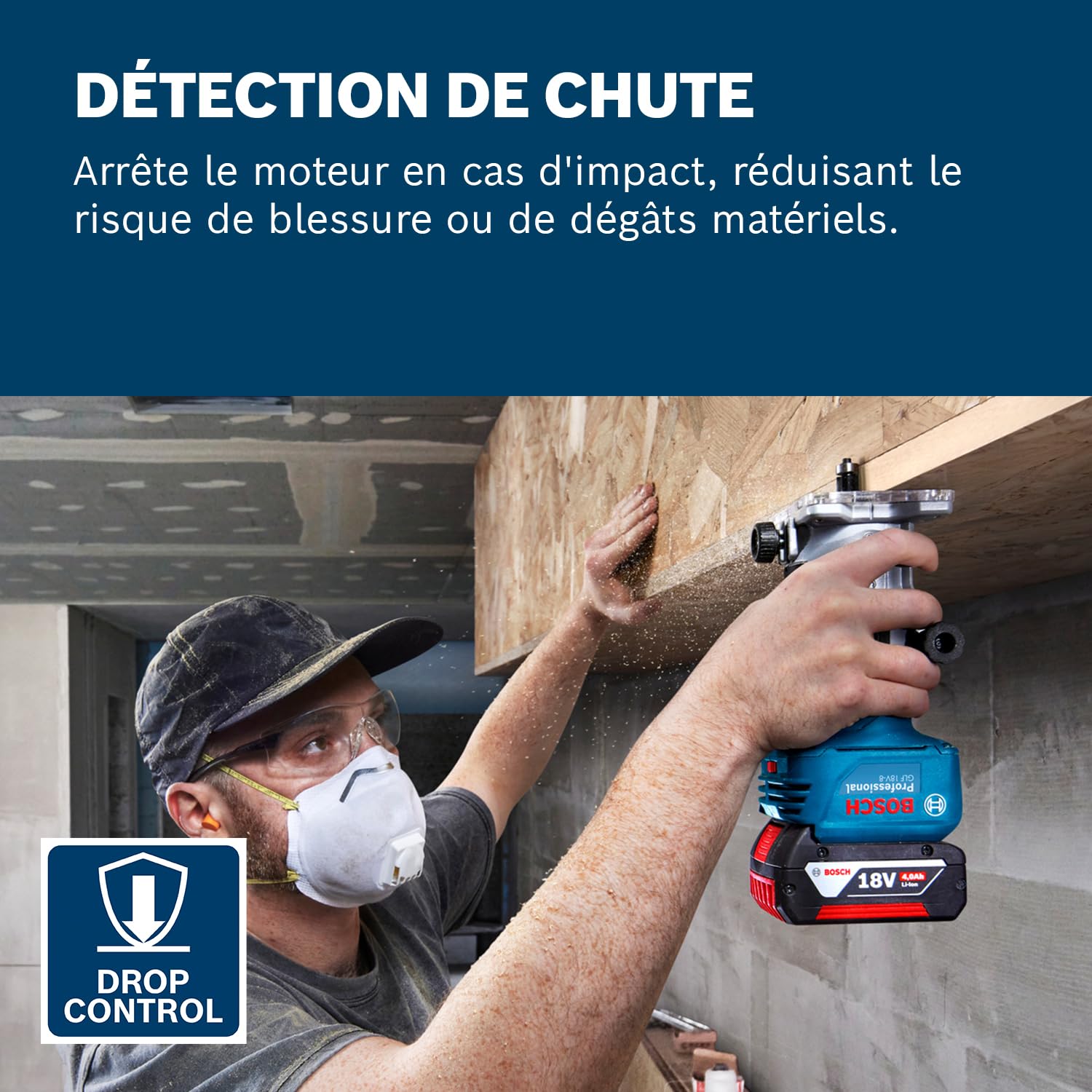 Bosch Professional 18V System Défonceuse portative GLF 18V-8 (butée longitud., adapt.aspiration surfaçage, adapt. aspiration fraisage, galet de guidage, pince 8 mm, clé, L-BOXX,sans batterie/chargeur)