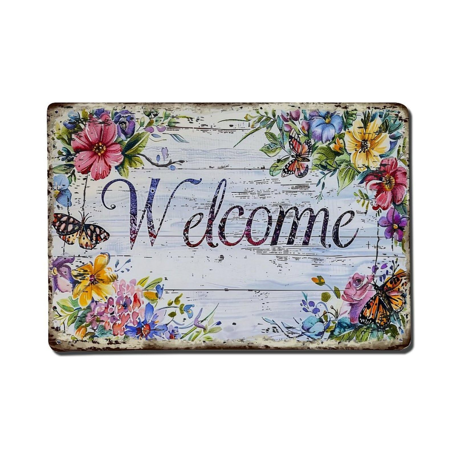Floral Butterflies Welcome Sign Art Vintage Tin Sign Retro Metal Wall Decor Metal Poster, Home Bar Garage Farmhouse Cafe Wall Art Decoration 8x12Inches