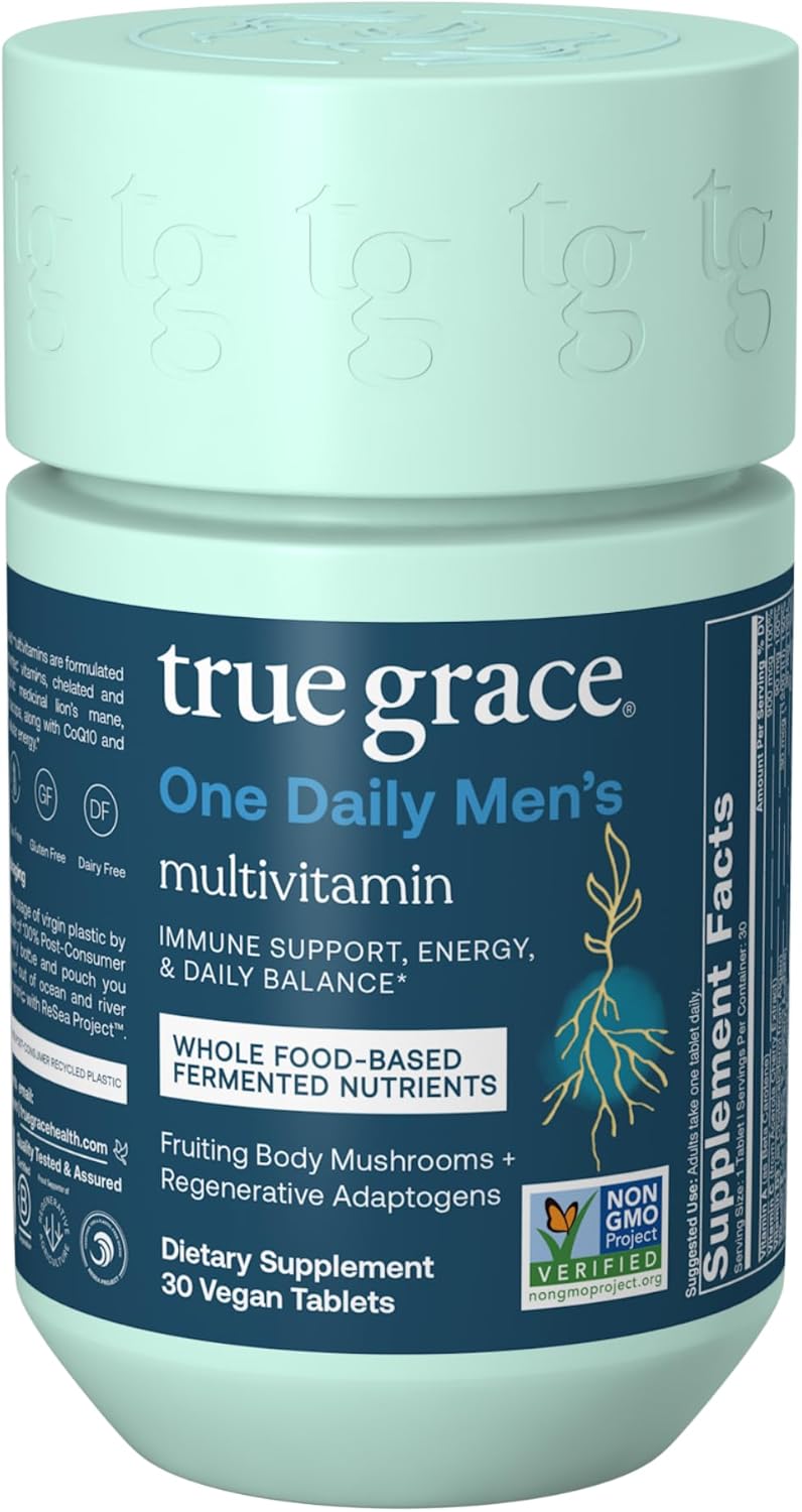 True Grace One Daily Men’s Multivitamin Fermented Minerals, Organic Adaptogens & Mushrooms Whole Body Balance Immune, Endurance, Bone & Heart Support – Non-GMO, Gluten Free – 30 Vegan Tablets