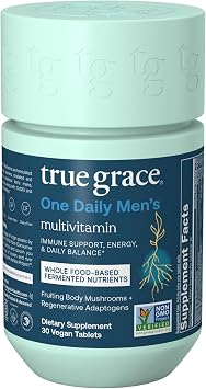 True Grace One Daily Mens Multivitamin Fermented Minerals, Organic Adaptogens & Mushrooms Whole Body Balance Immune, Endurance, Bone & Heart Support - Non-GMO, Gluten Free - 30 Vegan Tablets