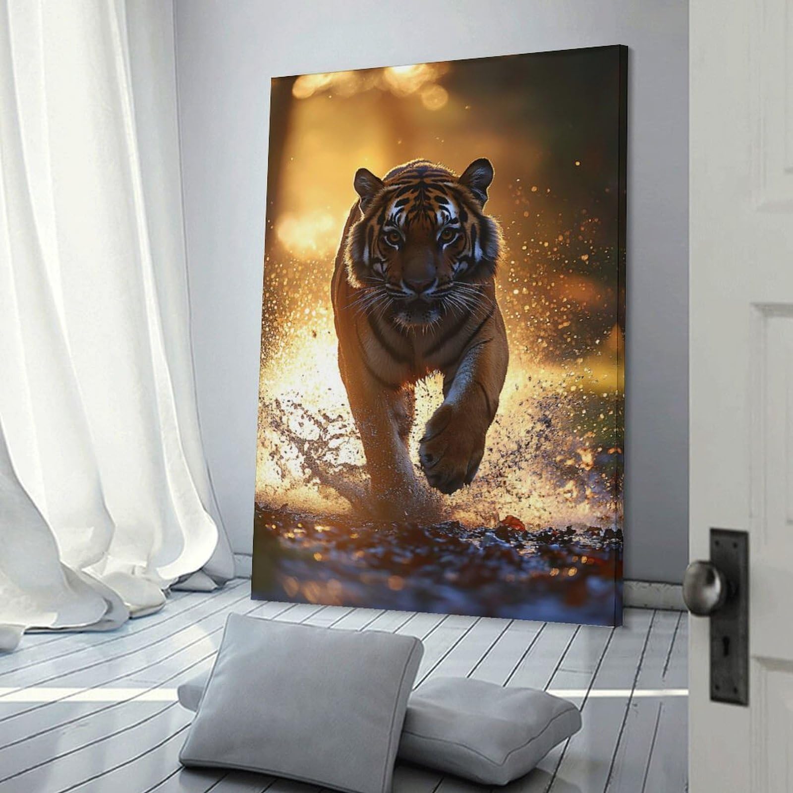 Junmoney Canvas Wall Decor Tiger Running Through Water at Sunset, 24x36inch(60x90cm), for Living Room, Bedroom, Office Or Hallway, Decorative Artwork with Broad Appeal