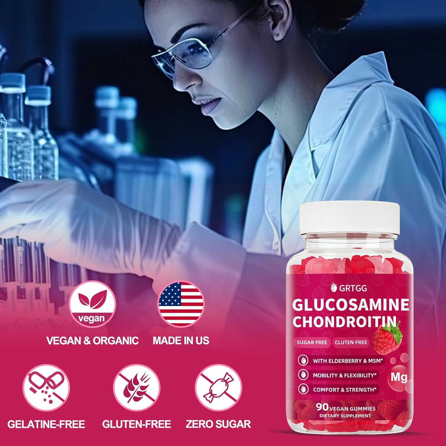 Glucosamine Chondroitin Gummies with MSM & Elderberry Extra Strength 3000MG - Joint Support, Antioxidant Immune Support Supplement for Adults, Men & Women - 90 Raspberry Gummies - Image 8