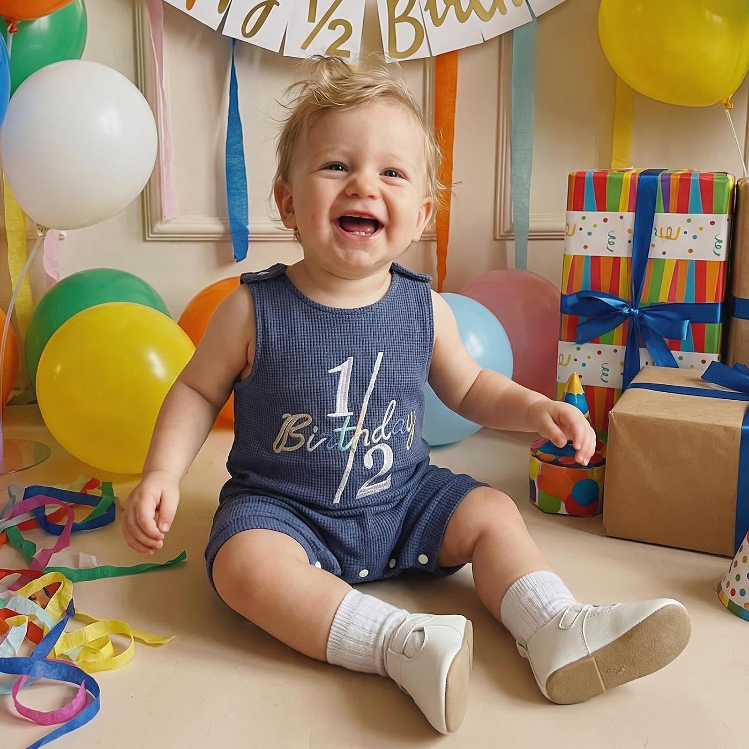 Honganda Baby Boy Half Birthday Outfit, Sleeveless 1/2 Embroidery Waffle Knit Jumpsuit Half Birthday Romper for Photoshoot