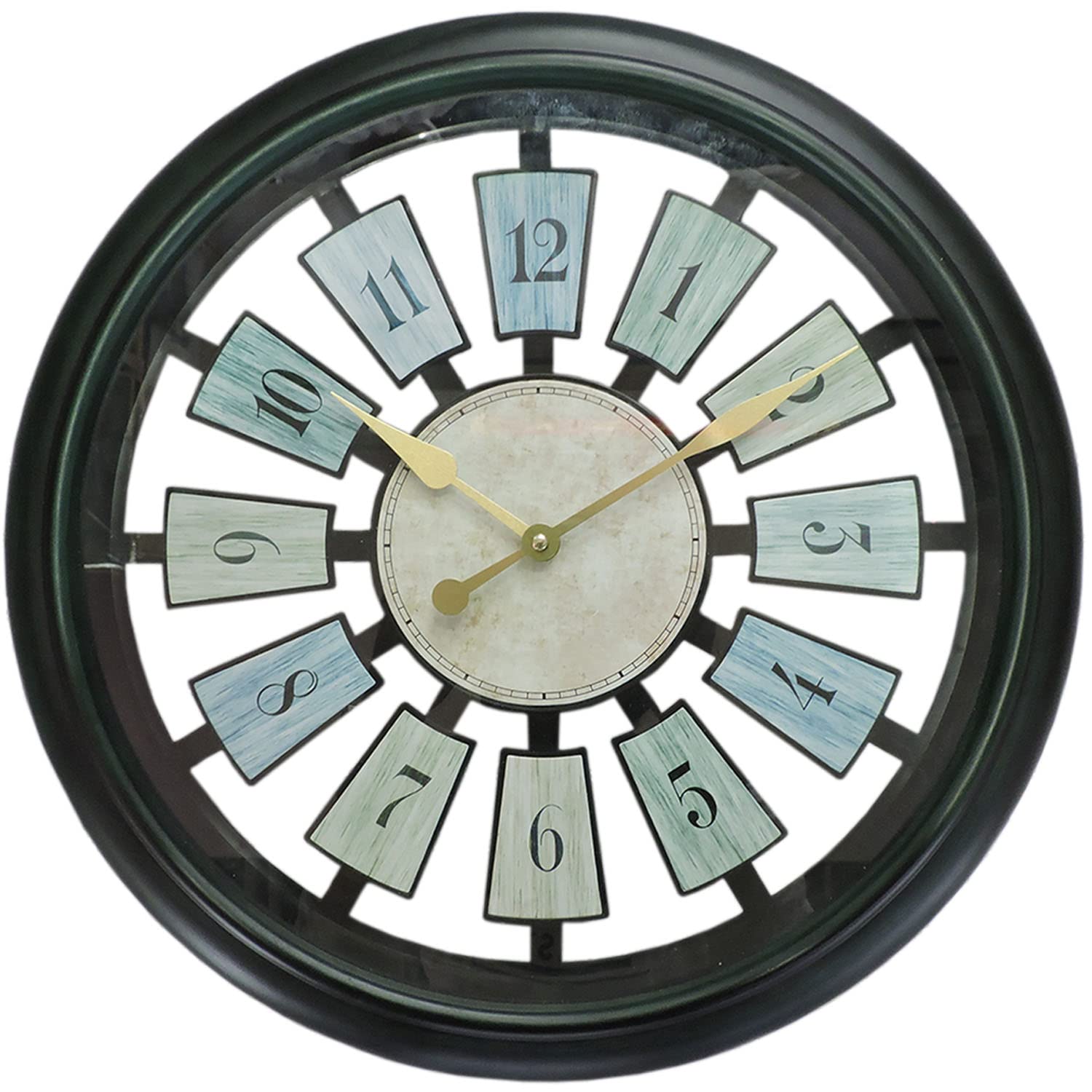 HADAAYA Large 16 inch Round Vintage Teal Blue Gold Hands Tuscan Style Wall Clock with Floating Number Panels for Living Room, Kitchen, Bedroom, Office, Coffee Shop Shabby Chic Farm House