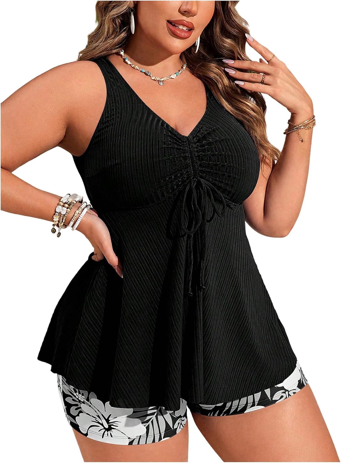 SOLY HUX Women's Plus Size Tankini Swimsuits V Neck Swim Tops and Floral High Waisted Shorts Two Piece Bathing Suit