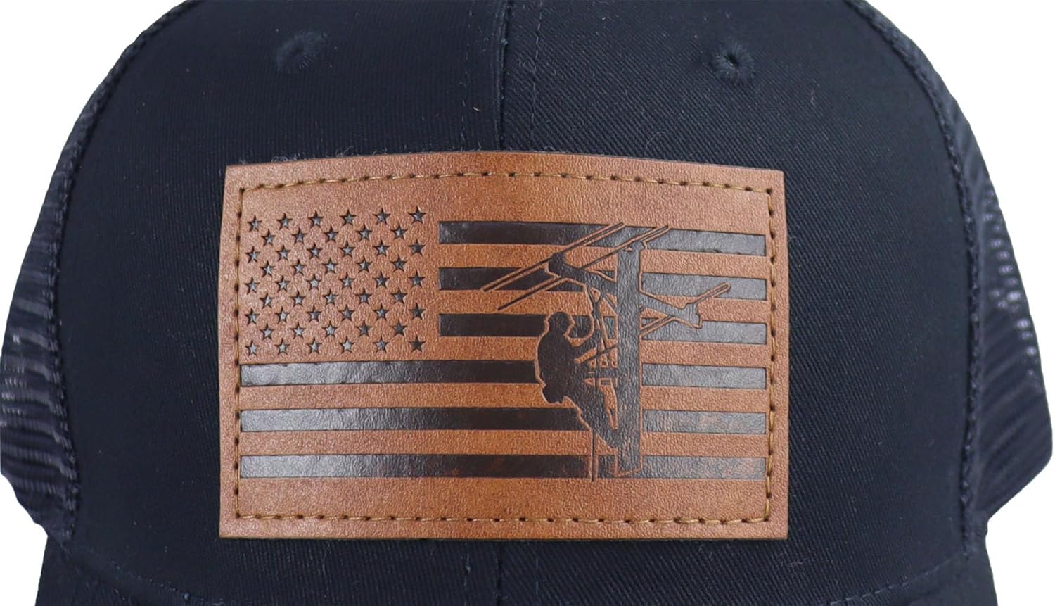 American Flag with Lineman Hats for Men, Adjustable Leather Patch Electrician Baseball Cap - Image 4