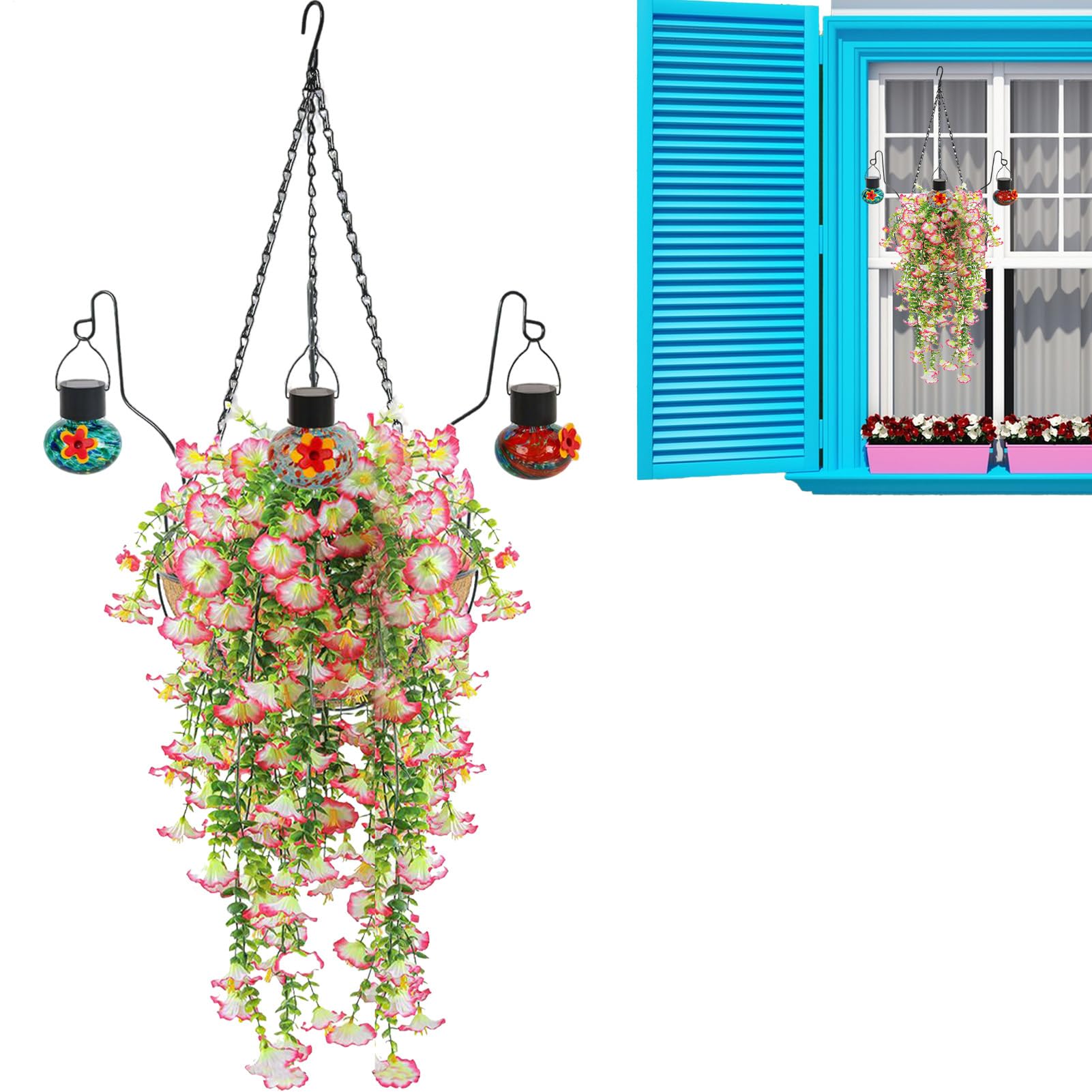 Fiori Artificiali Da Esterno Mangiatoia Per Uccelli In Metallo Decorativa | Cesto Di Fiori Artificiali Per Prato Balcone Giardino Portico Cortile Cocorita Conuro