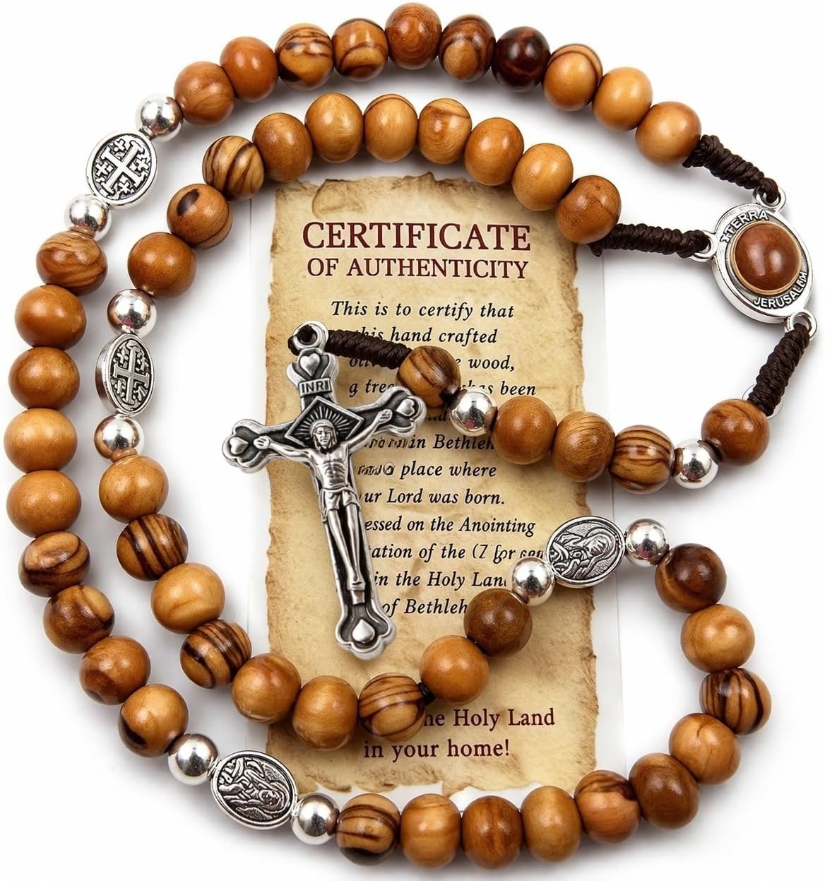 TALISMAN4U Olive Wood Rosary Beads Catholic Necklace With Jerusalem Holy Soil & Certificate In Blue Velvet Rosary Pouch
