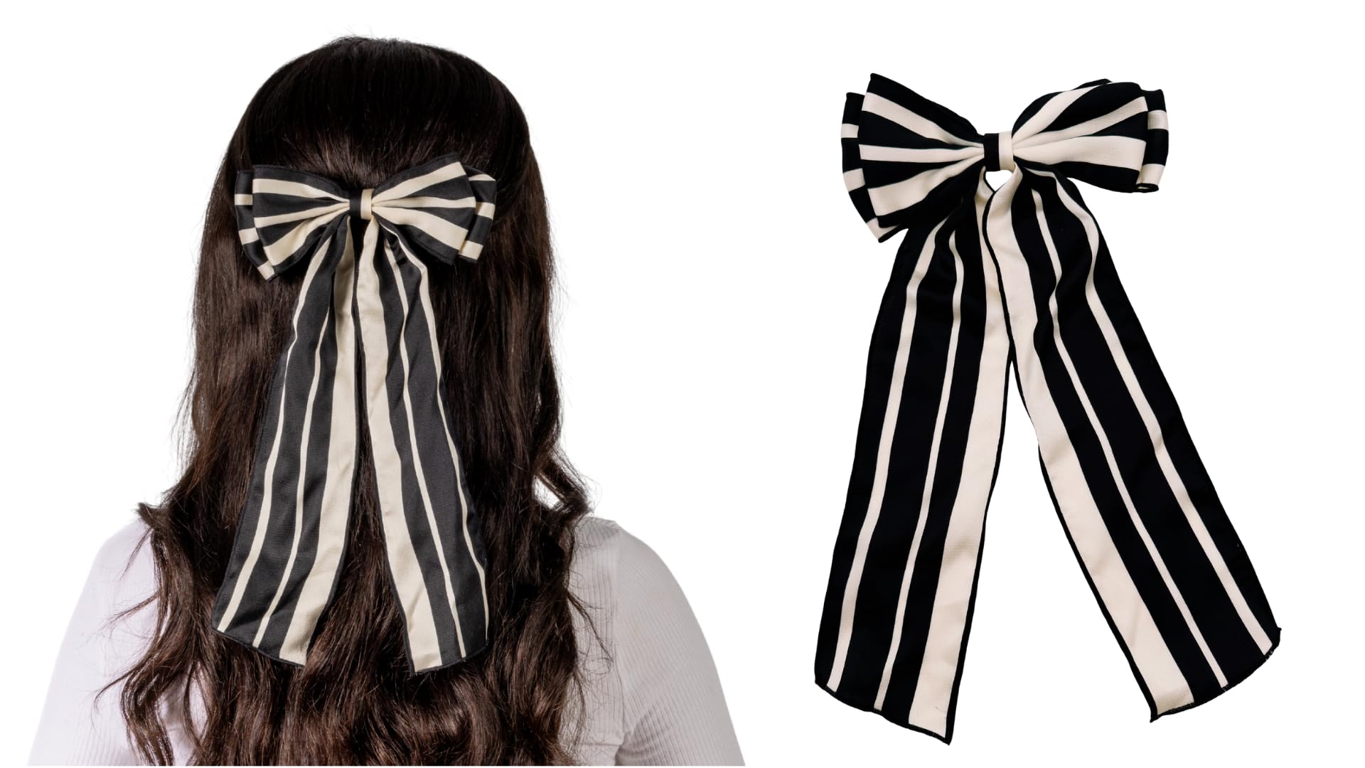 Bellefixe Bow Clip for Women and Girls | Fashion Bow Clip for Thin and Thick Hair (Black & White Stripe, Medium)