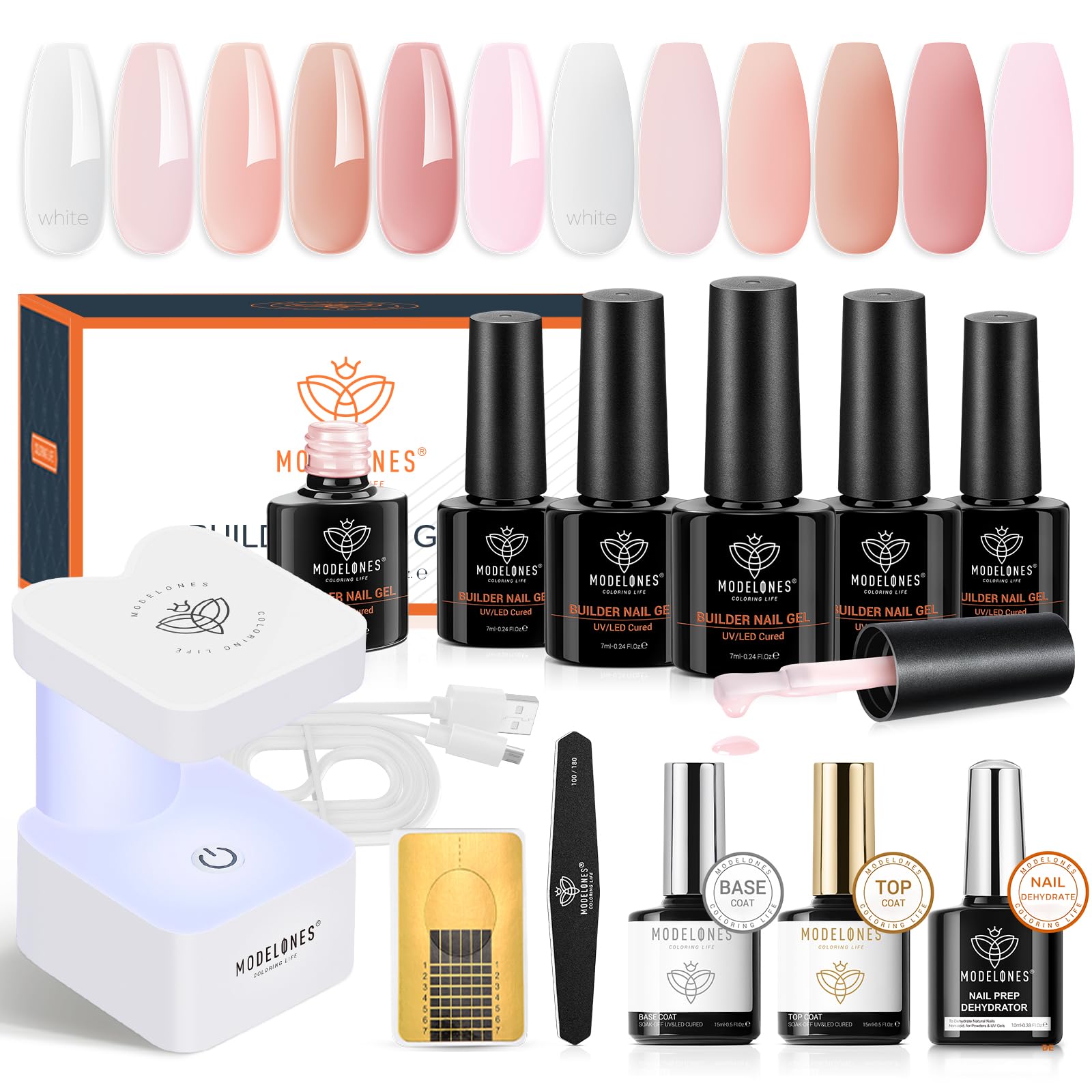 Modelones Kit Gel Uñas Constructor con UV Lampara, 8-in-ONE Builder Gel Uñas, Refuerzo Uñas Semipermanentes, Top y Base Coat, 100 Formas Para Extensión Fortalecedor y Decoración Reparar de Uñas Rotas
