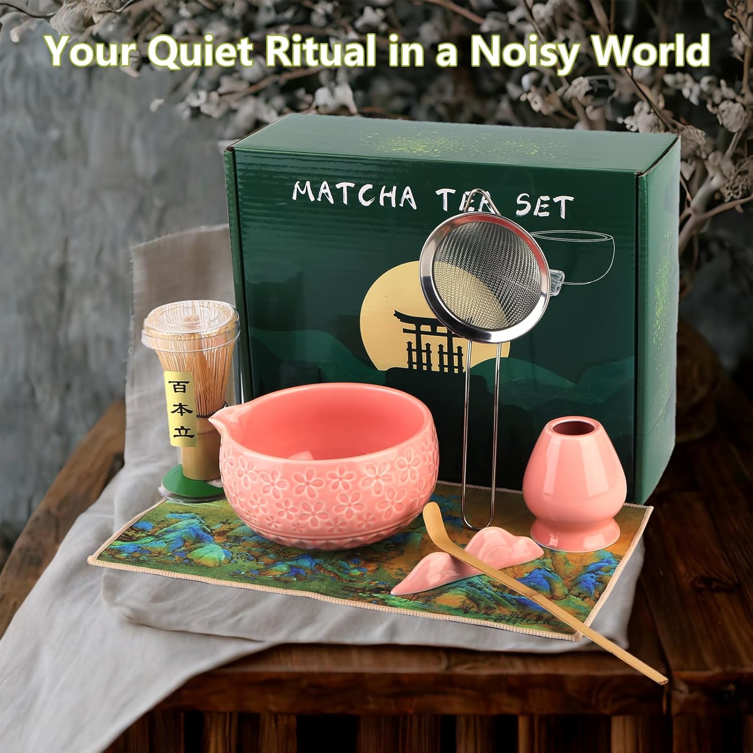 Matcha Whisk Set with Pink Ceramic Bowl – 7-PCS Matcha Tea Set Includes Whisk, Holder, Scoop, Sifter, Rest & Towel – Matcha Kit for Matcha Lovers (Pink)