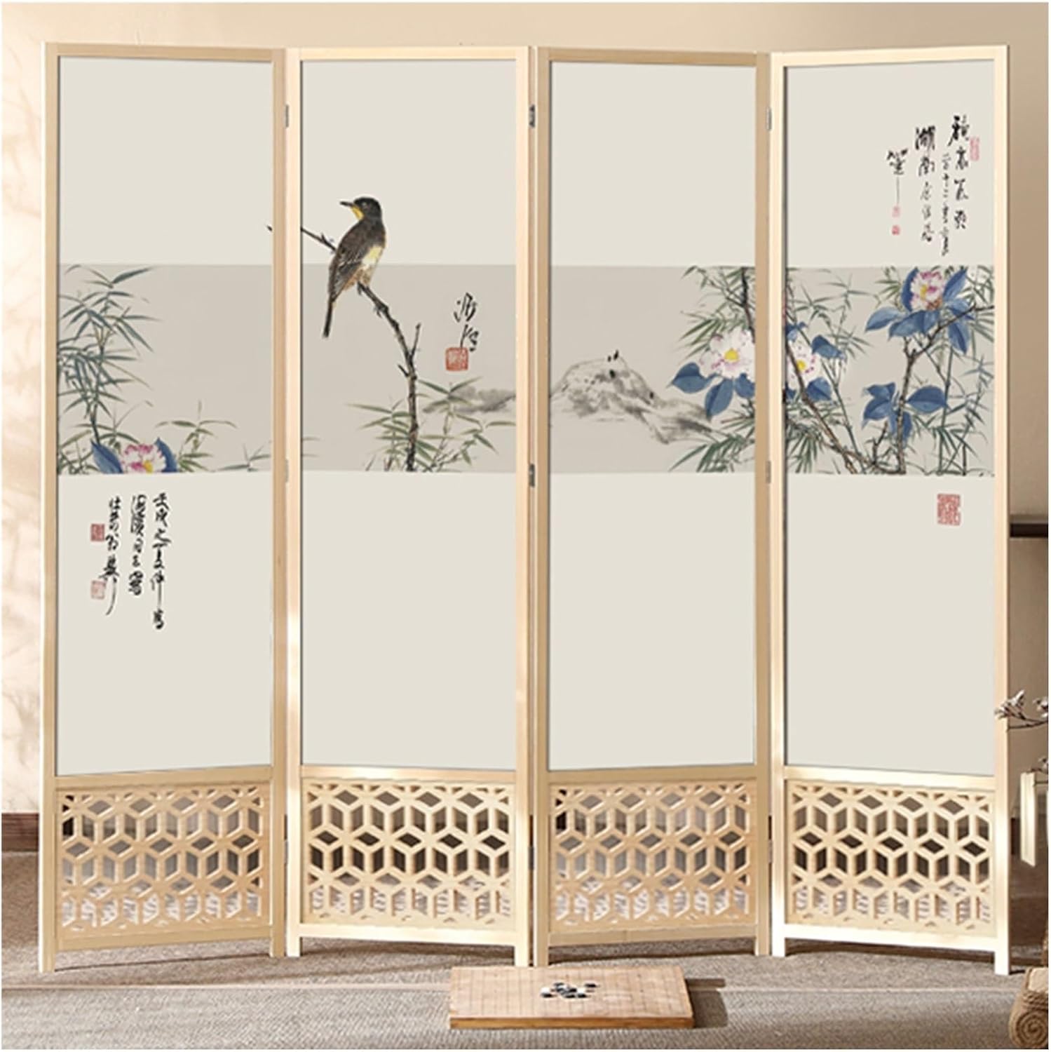 Four-fold Vintage Folding Screen Room Divider, Indoor Outdoor Privacy Space Seperate Wall for Patio Living Room Changing Room Bedroom, 4 Panels 200cm Wide, Solid Wood Frame (Color : Style I,
