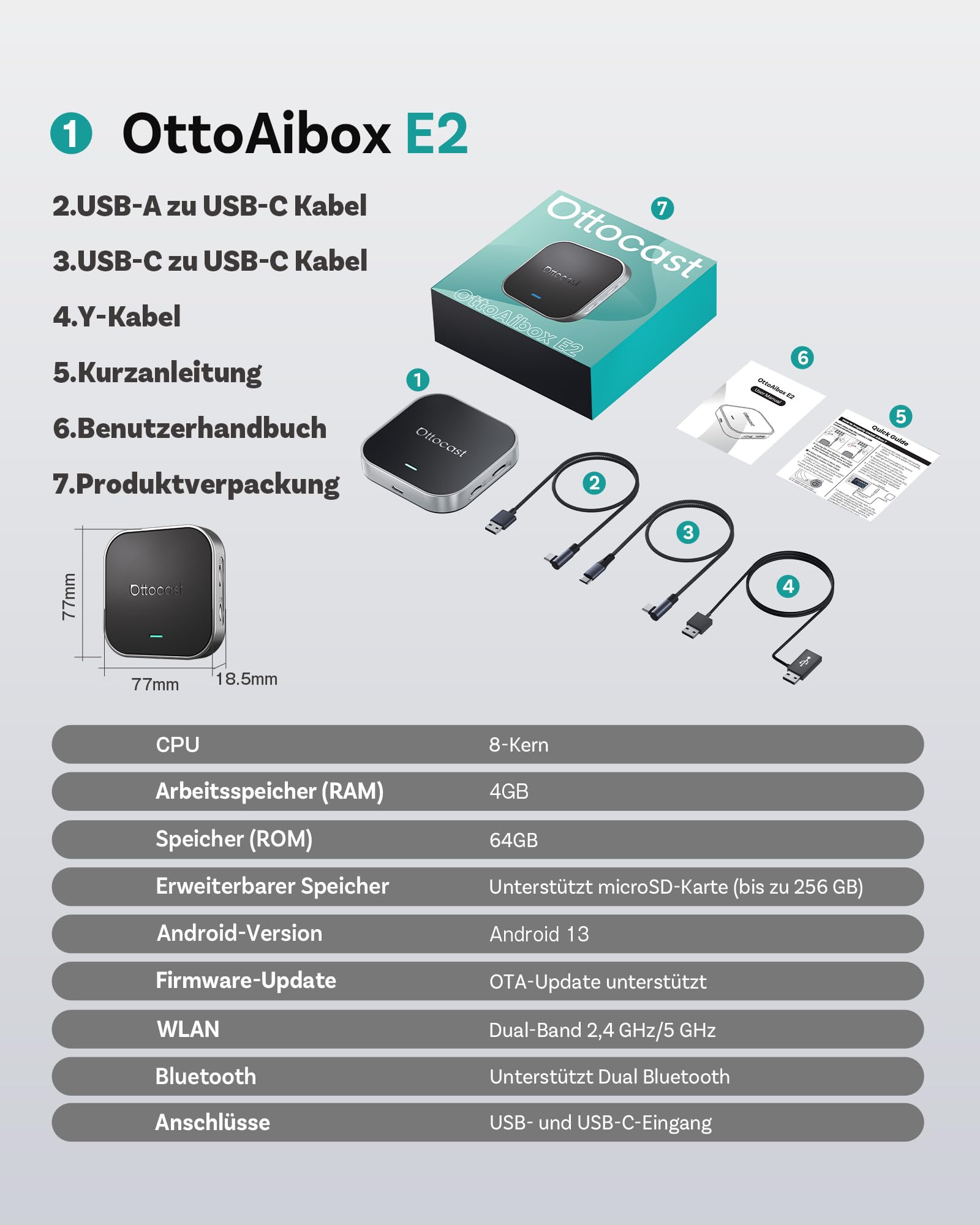 OTTOCAST OttoAibox E2 2026 Android 13 Car AI Box – Wireless CarPlay & Android Auto Adapter, 3-in-1 Smart System, CloudSIM 3.0, Dual WiFi, Split Screen, Plug & Play Car Multimedia Upgrade