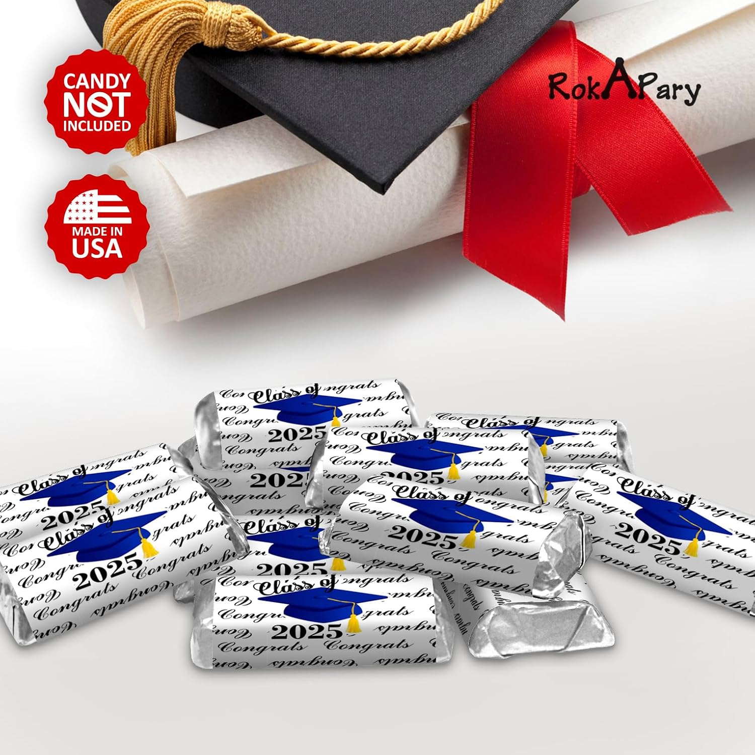 60 Graduation Cap Party Class of 2026 Miniatures Candy Bar Wrapper, (Set of 60) Mini Candy Chocolate Bar Stickers, Congrats Grad Labels, Candy Not Included, Color Blue. Made in USA image 4