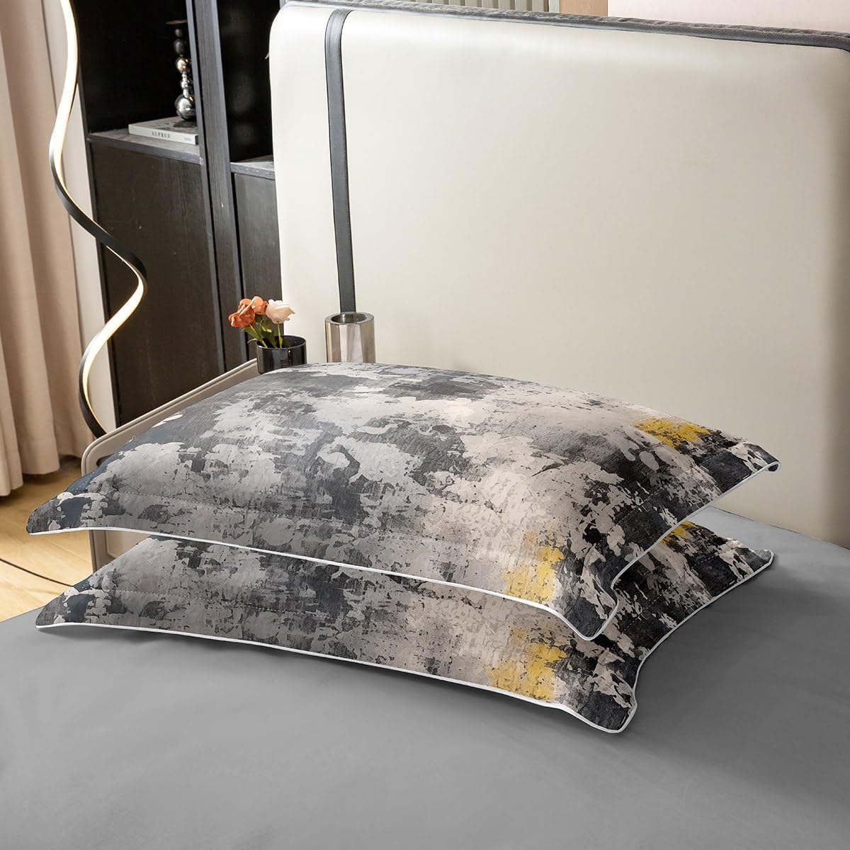 Retro Farmhouse Style 100% Nature Cotton Duvet Cover King Size,Abstract Wall Print Modern Art Super Soft Bedding Set, Grey Black Yellow Comforter Cover Bedding 3 Piece (No Comforter)