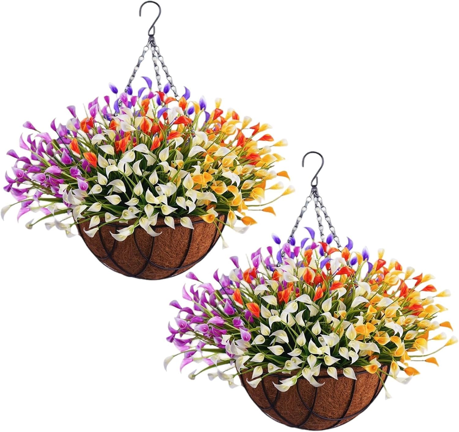 Zythrem 2 Set Artificial Hanging Flowers with Basket for Outdoor 40 Pcs UV Resistant Outdoor Flowers for for Porch Patio Garden Home Spring Summer Decor (2, Red, Purple, Yellow, Rose Red)