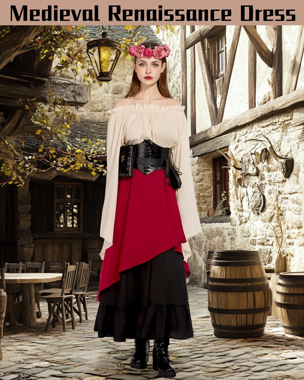 Renaissance Costume Women Ren Faire Outfit Medieval Skirt Dress with Corset Belt Pouch Coin Purse Skirt Hike 7PC - Image 2