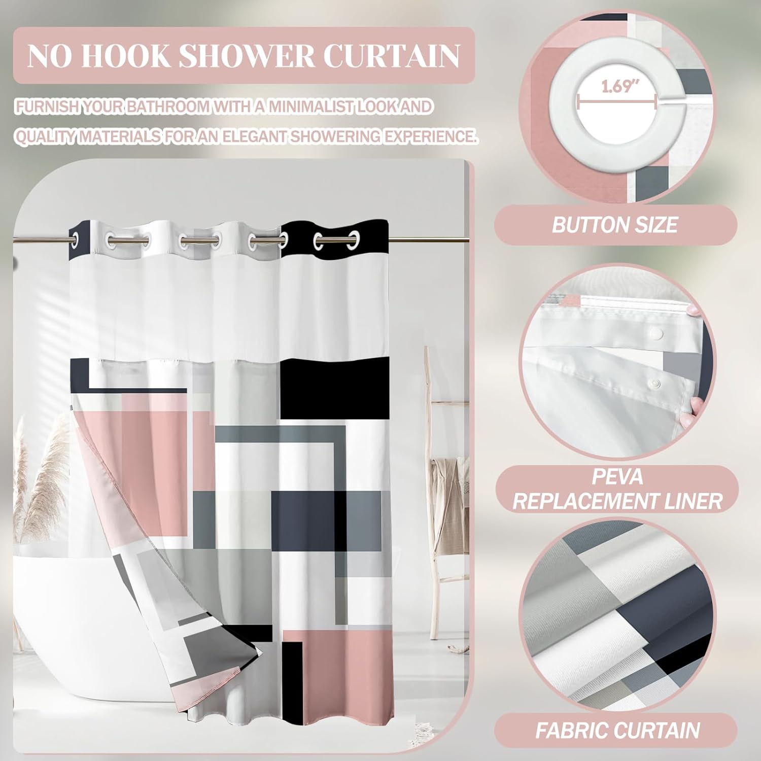 Pink Hookless Shower Curtain Set with Snap in Liner, Pink Black White Bathroom Decor, 71x74 Inches, Geometric Bathroom Curtain with Liner and See Through Top Window