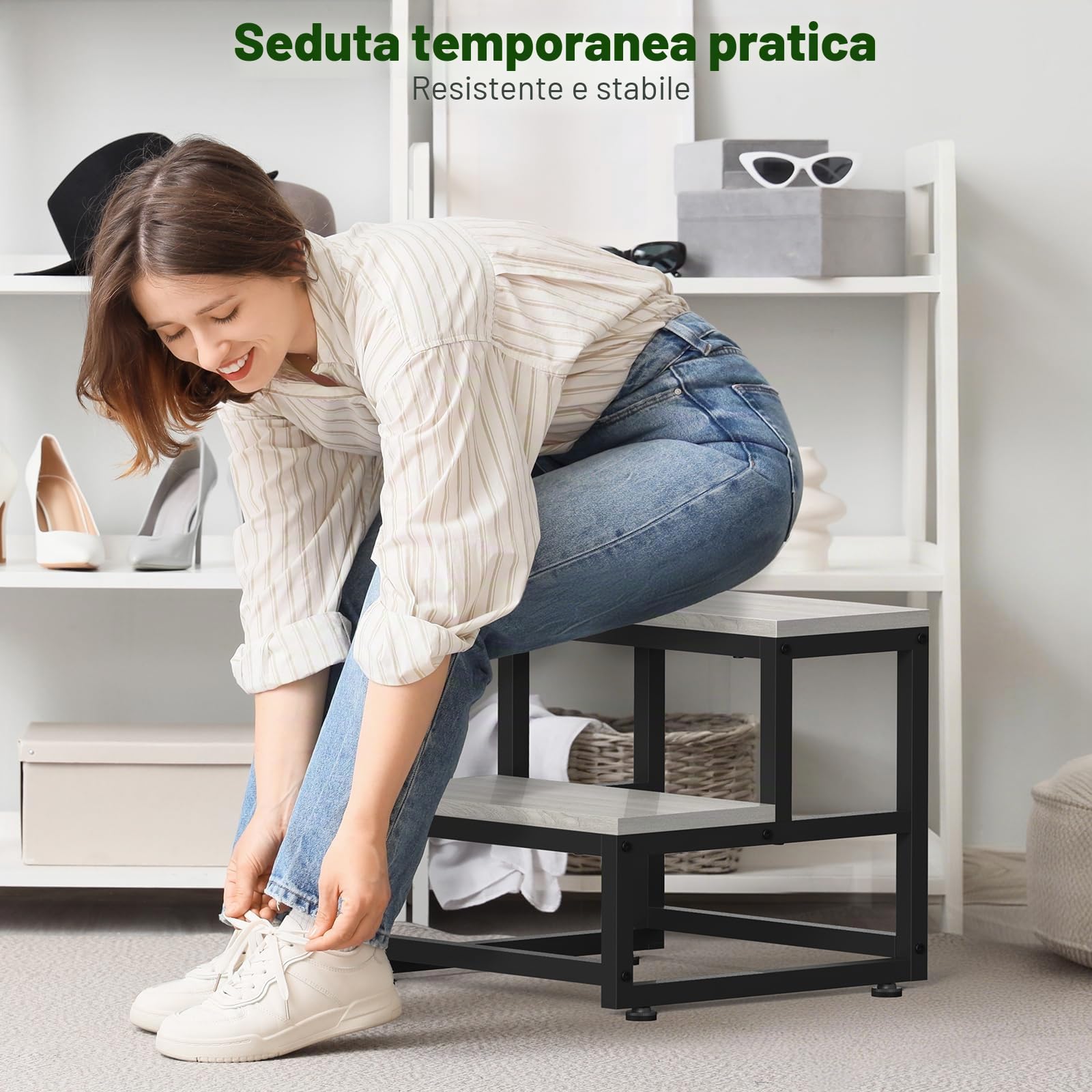 LIANTRAL Scaletta per adulti e bambini, scaletta 2 gradini, in acciaio resistente e robusto legno, supporta fino a 200 kg, sgabello per letto alto, cucina, bagno, grigio
