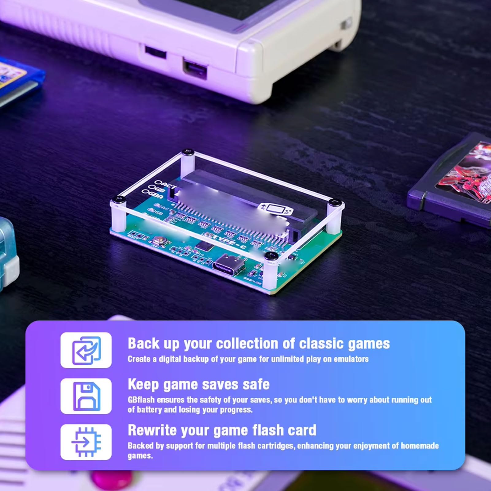 Lector y Escritor de Cartuchos para GBA GBC, ROM de Respaldo y Guardado en PC, Alta Velocidad con Cable Tipo C para Tarjetas de Juego GB GBC GBA