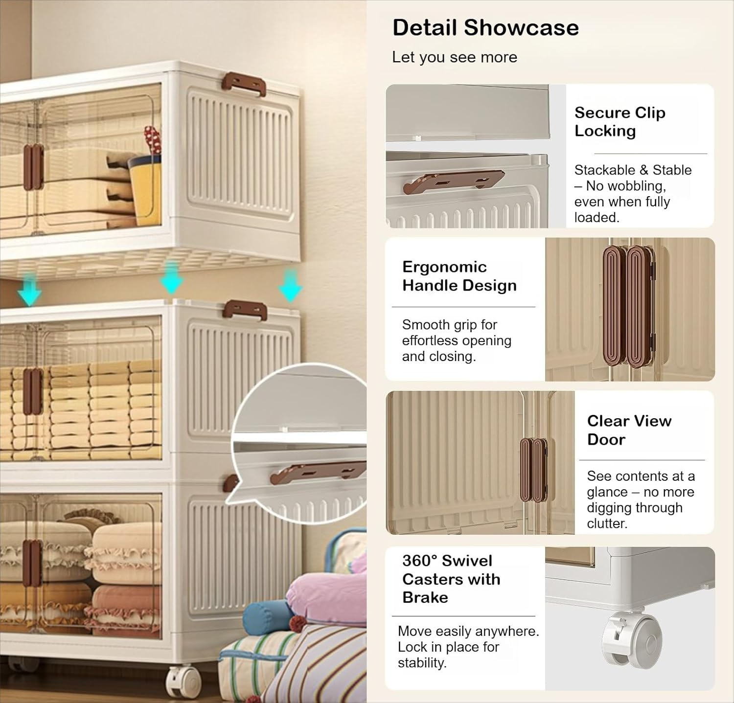 Stackable Storage Box with Wheels, Collapsible Clear Plastic Storage Bin with Magnetic Doors, 3/4/5 Tier Organizer for Clothes Shoes Blankets (4-Tier,Beige)