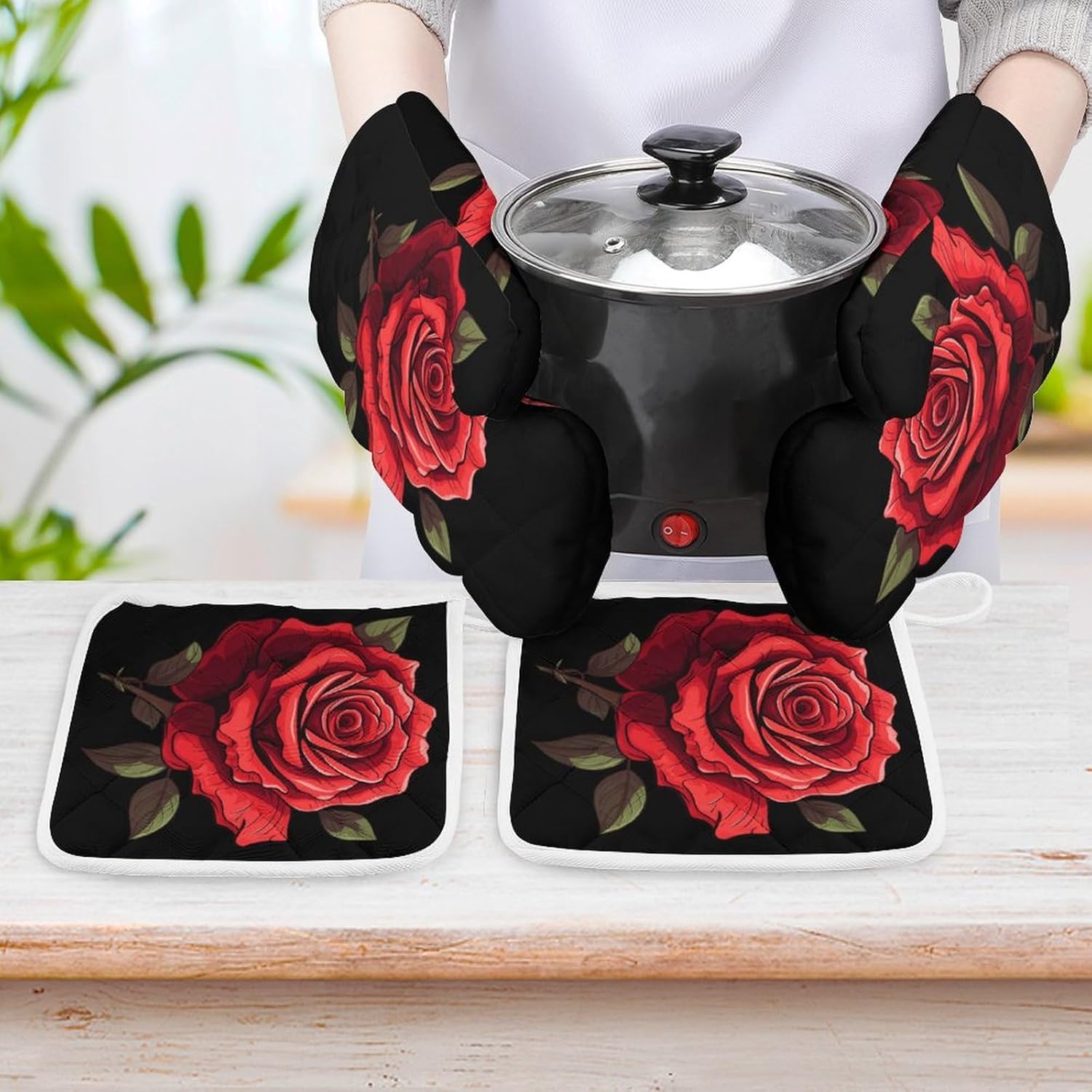 Red Rose 4 Pcs Oven Mitts and Pot Holders Set High Heat Resistant Long Kitchen Oven Glove Potholders