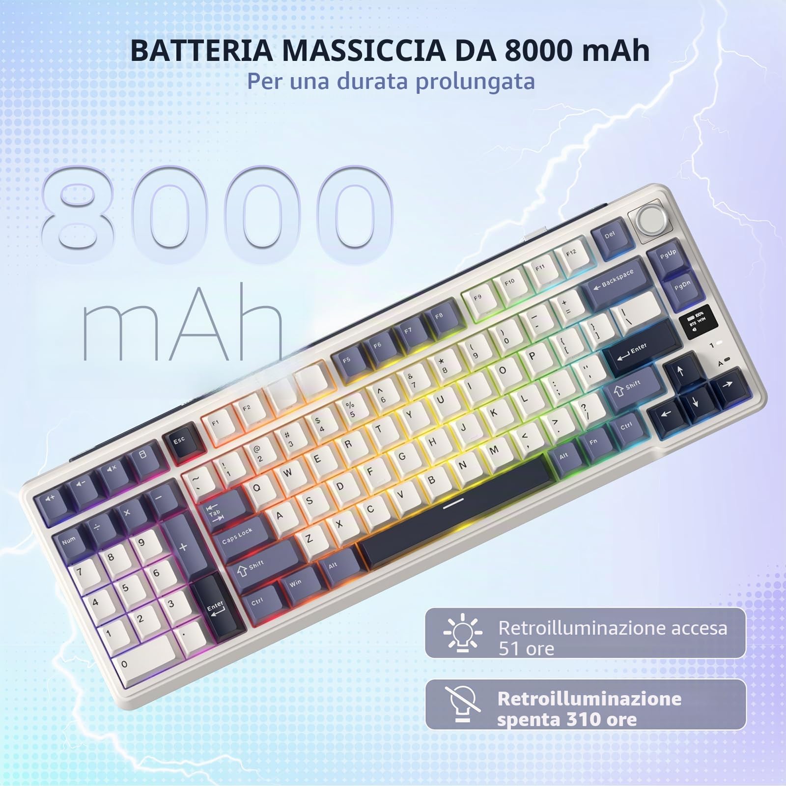 RK ROYAL KLUDGE Tastiera meccanica con montaggio a guarnizione L98 con schermo di visualizzazione e manopola hot-swap, Tri-Mode BT/2.4G/USB-C 95% tastiera wireless con tasti numerici sinistri, hot | Tastiera da gioco per mancini con controllo rotativo, 95