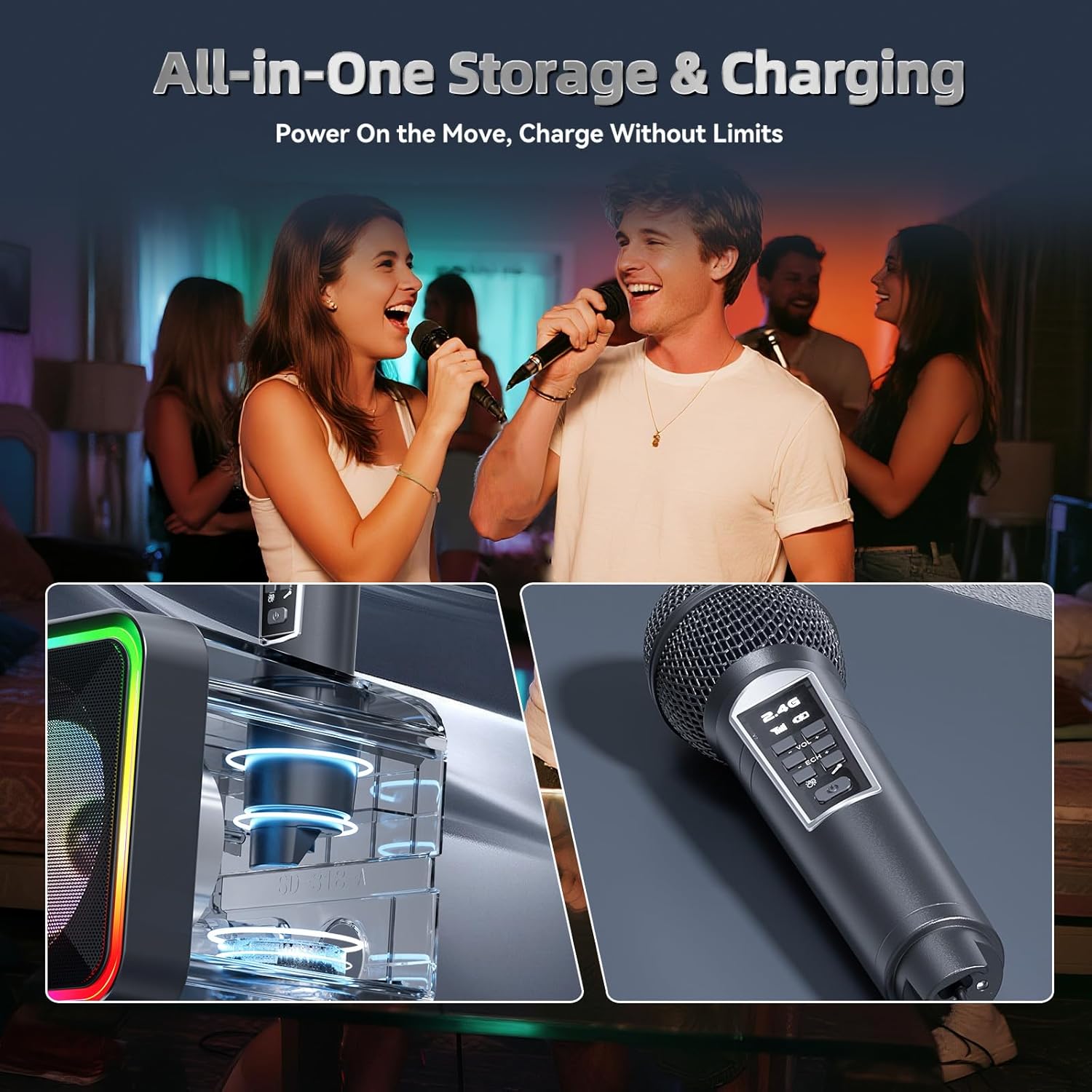 215 Bluetooth Karaoke Machine for Adult Kid with Storage and Charging Station, Powerful Karaoke System, 12H Playtime, Rechargeable Wirless Microphone, Support USB/AUX Indoor Outdoor - Image 2