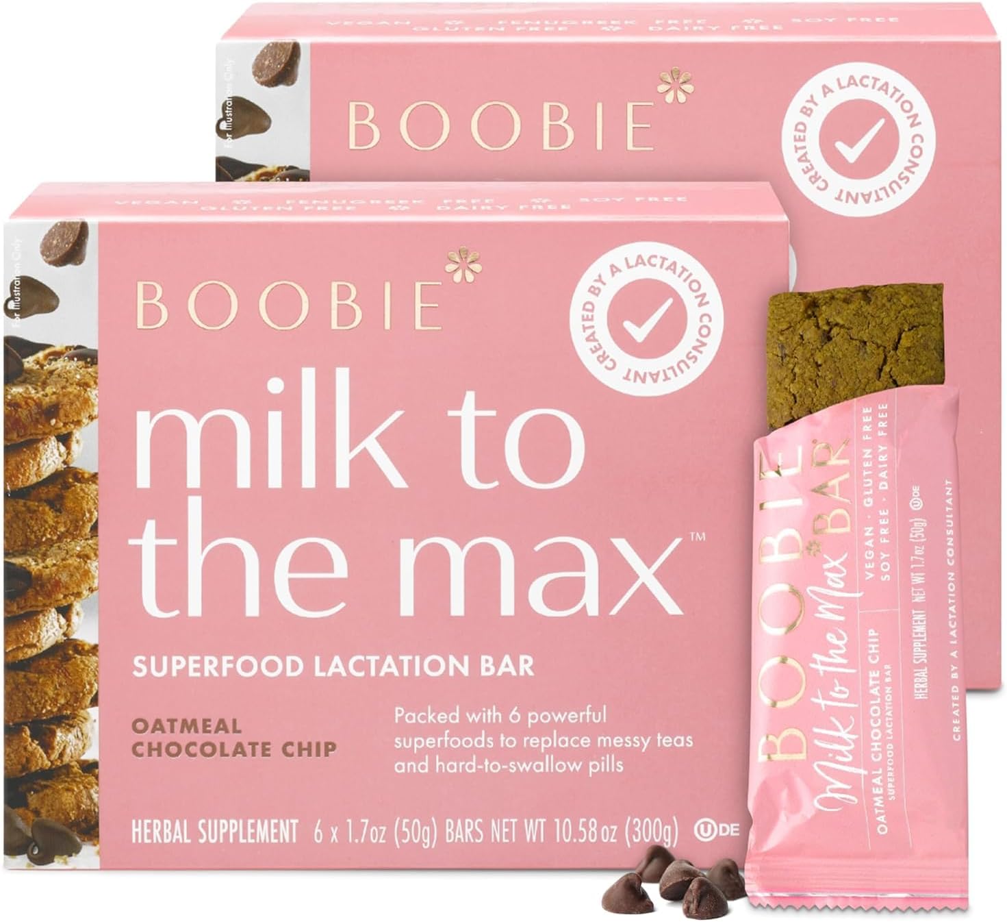 Boobie Superfood Oatmeal Chocolate Chip Cookie Lactation Bar for Breastfeeding Moms to Increase Milk Supply | #1 Selling Lactation Snack Bars | Vegan, Fenugreek-Free, Gluten-Free, Dairy-Free (12 Bars)