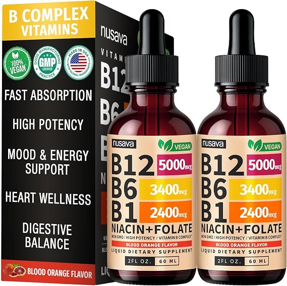 (2 Pack) Vitamin B12 and B6 Liquid Drops, B12 Sublingual Vitamin B Complex - B 12 Vitamin 5000mcg - B12 Methylcobalamin for Energy, Brain, Heart Support with 27,200 mcg, Crimson Orange, 80 Servings