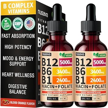 2 Pack Vitamin B12 and B6 Liquid Drops, B12 Sublingual Vitamin B Complex - B 12 Vitamin 5000mcg - B12 Methylcobalamin for Energy, Brain, Heart Support with 27,200 mcg, Crimson Orange, 80 Servings
