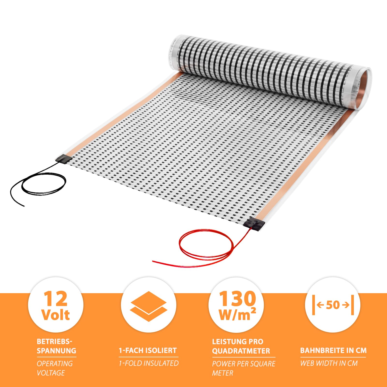 0,5x2m f. schwimmende - Infrarot Heizfolie 12V Niedervolt AC/DC 0,5x2,0m 130W/m², Heizung Temperierung für Akkukoffer, Wohnmobil Batterie, Lithium Akkus, KFZ