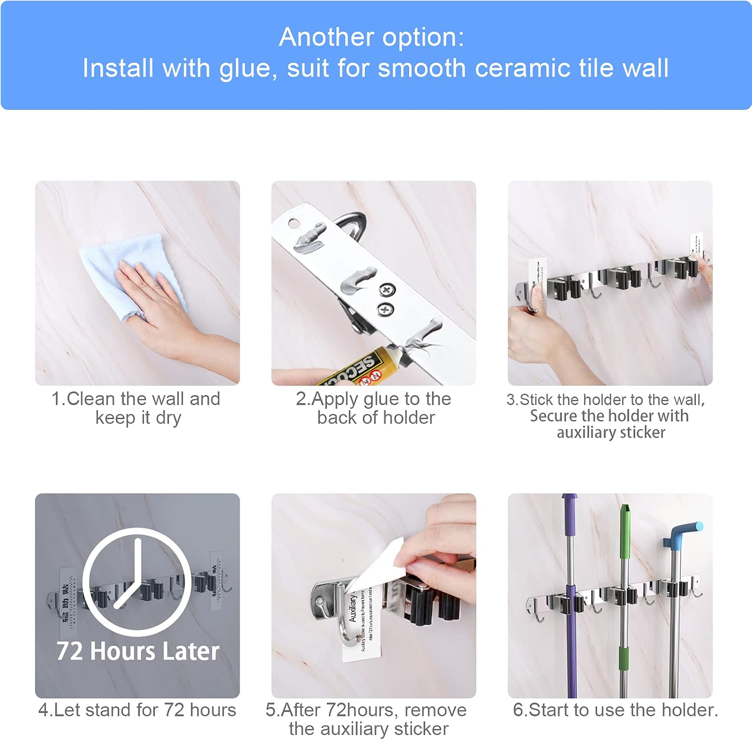 Bathroom organizer.Broom and Mop Holder Wall Mounted, Premium Stainless Steel Utility Rack for Tools Hanger， Organizer Storage Tool Racks for Laundry Room, Garage, Garden, Bathroom, Mop Holder Self Adhesive Heavy Duty Hooks. (2 Racks 3 Hooks) : Everything Else