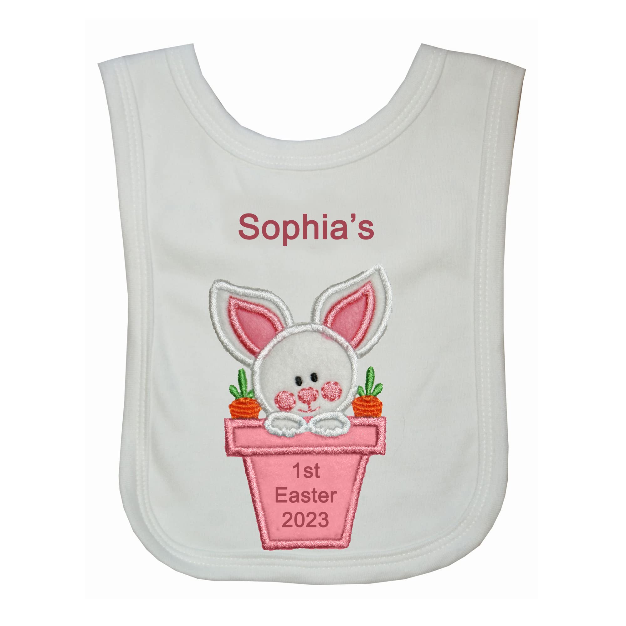 Oh Sew Simple Girls White Bib First Easter Flowerpot Bunny Personalised Bib With Embroidered Name (White Bib)