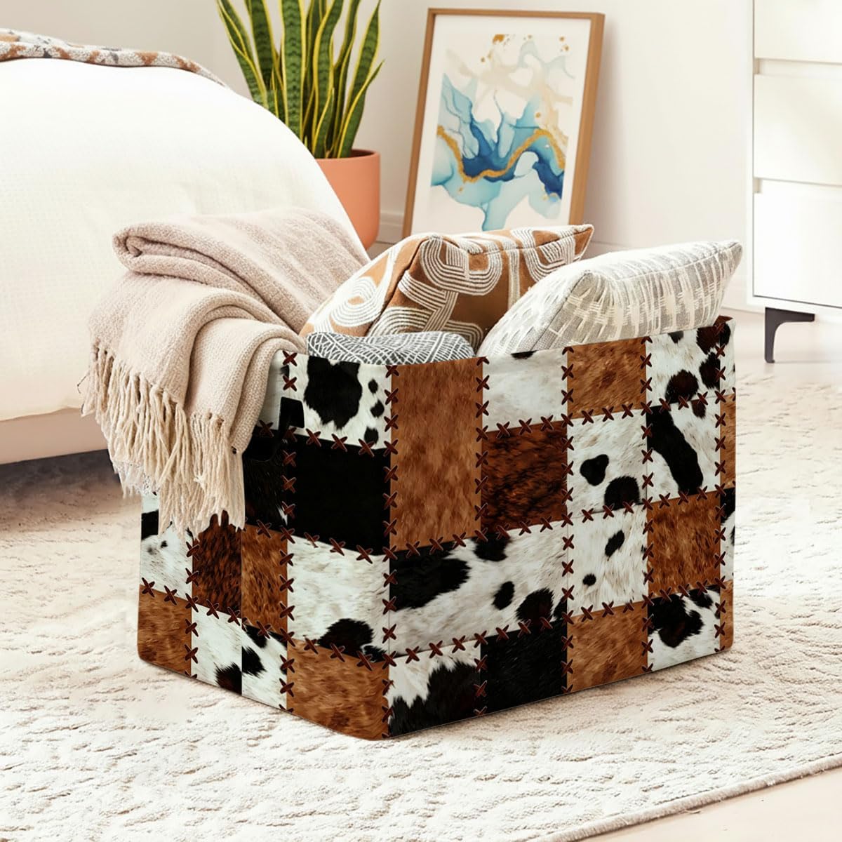 56L Cow Print Laundry Basket Dirty Clothes Hamper with Handles,Foldable Blanket Storage Large Laundry Hamper with Waterproof PE,Toy Storage Bin Organizer,Cube Clothes Organizer,Home Decor
