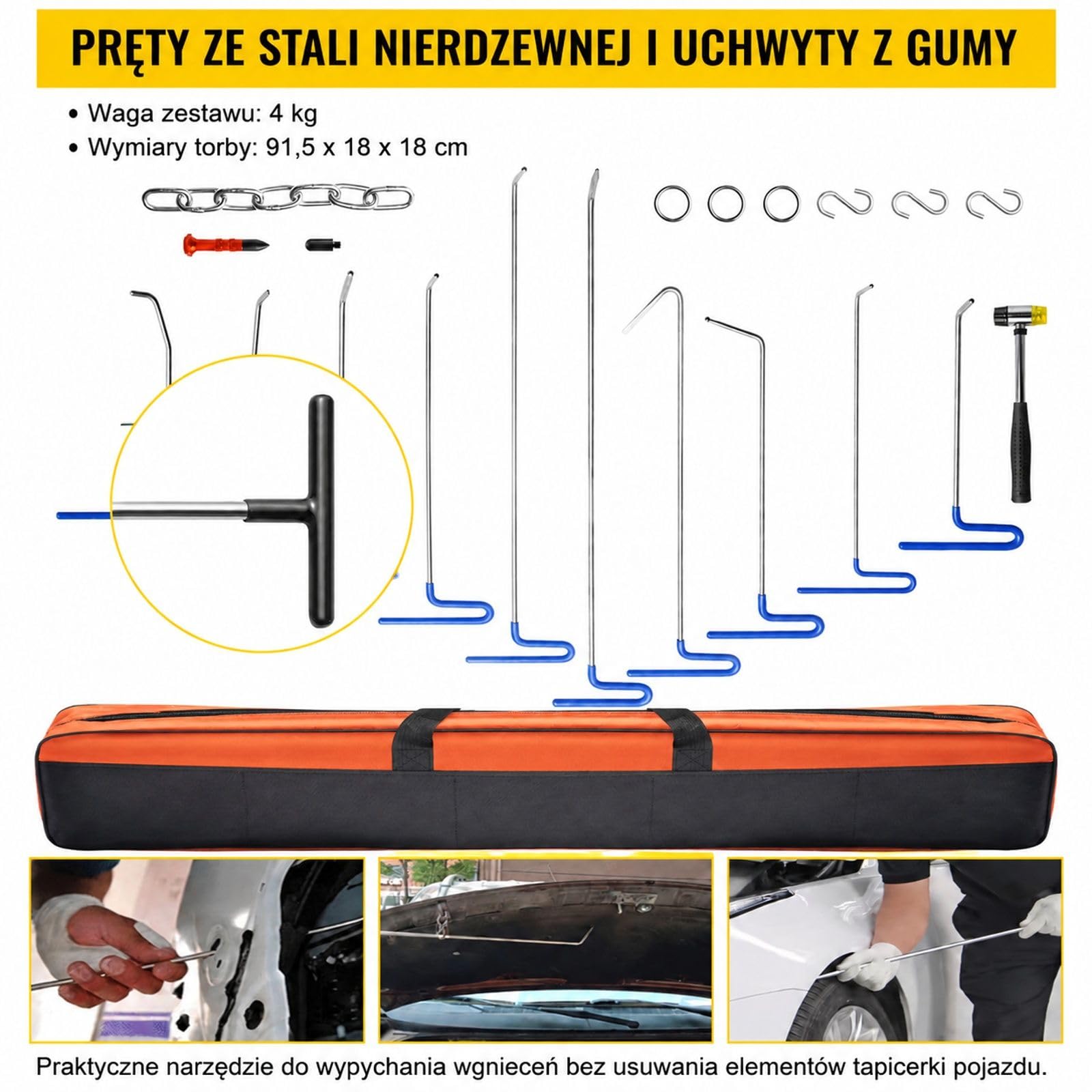 Zestaw 20 stalowych prętów do usuwania wgnieceń z torbą, młotkiem gumowym i hakami S&O do naprawy wgnieceń samochodowych i innych powierzchni