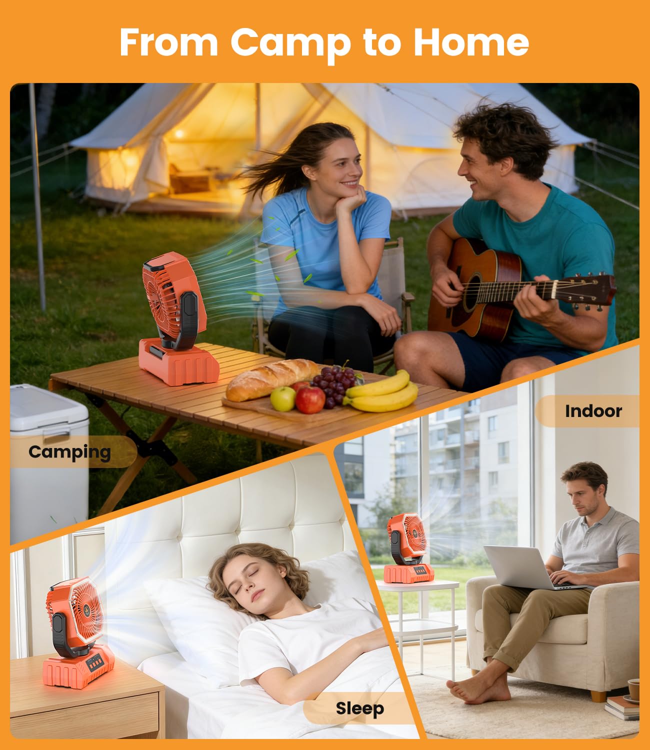 Tragbarer Camping Ventilator 20000mAh Akku mit LED Licht & Fernbedienung, USB Leise Tischventilator für Outdoor Camping Zelt Stromausfall Angeln Orange