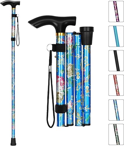 MFE Bastón plegable, portátil de 5 niveles de altura ajustable con diseño plegable, correa de muñeca y mango en T para hombres y mujeres