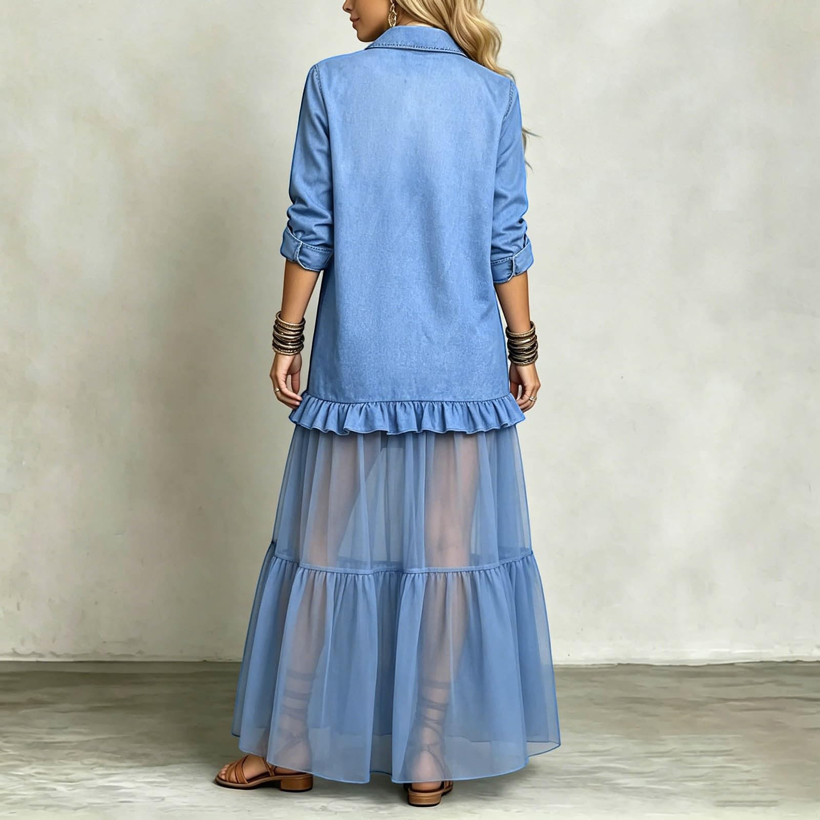 Vestido vaquero para mujer, vestido largo de camisa de verano, manga larga, vestido vaquero con volantes, ropa para niña, informal, vestido informal, vestido de tirantes monocromáticos