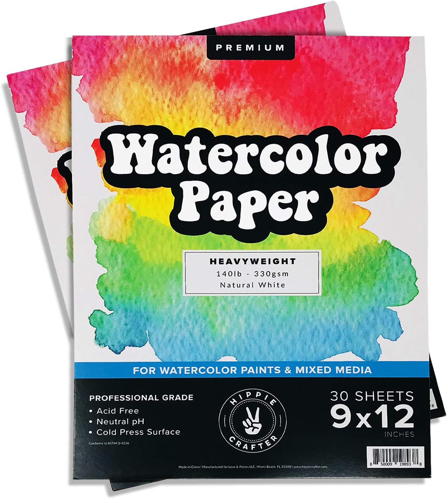 Watercolor Paper Pad, 2 Pack, 140lb Cold Pressed White Heavy Paper for Watercolor Painting, Markers, and Pens, 9" x 12", 15 Large Sheets Each, Ideal for Artists and Sketching