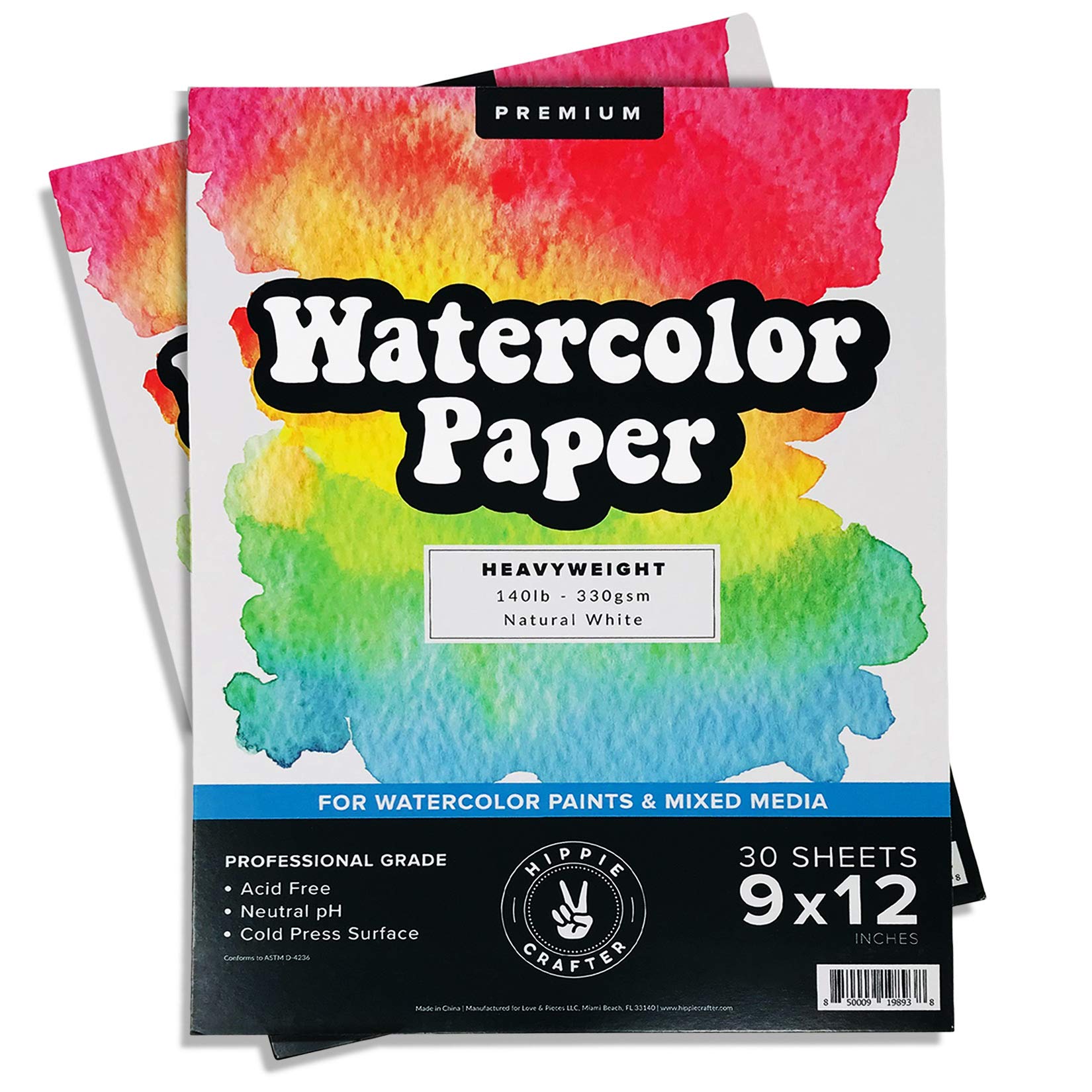 Watercolor Paper Pad, 2 Pack, 140lb Cold Pressed White Heavy Paper for Watercolor Painting, Markers, and Pens, 9" x 12", 15 Large Sheets Each, Ideal for Artists and Sketching
